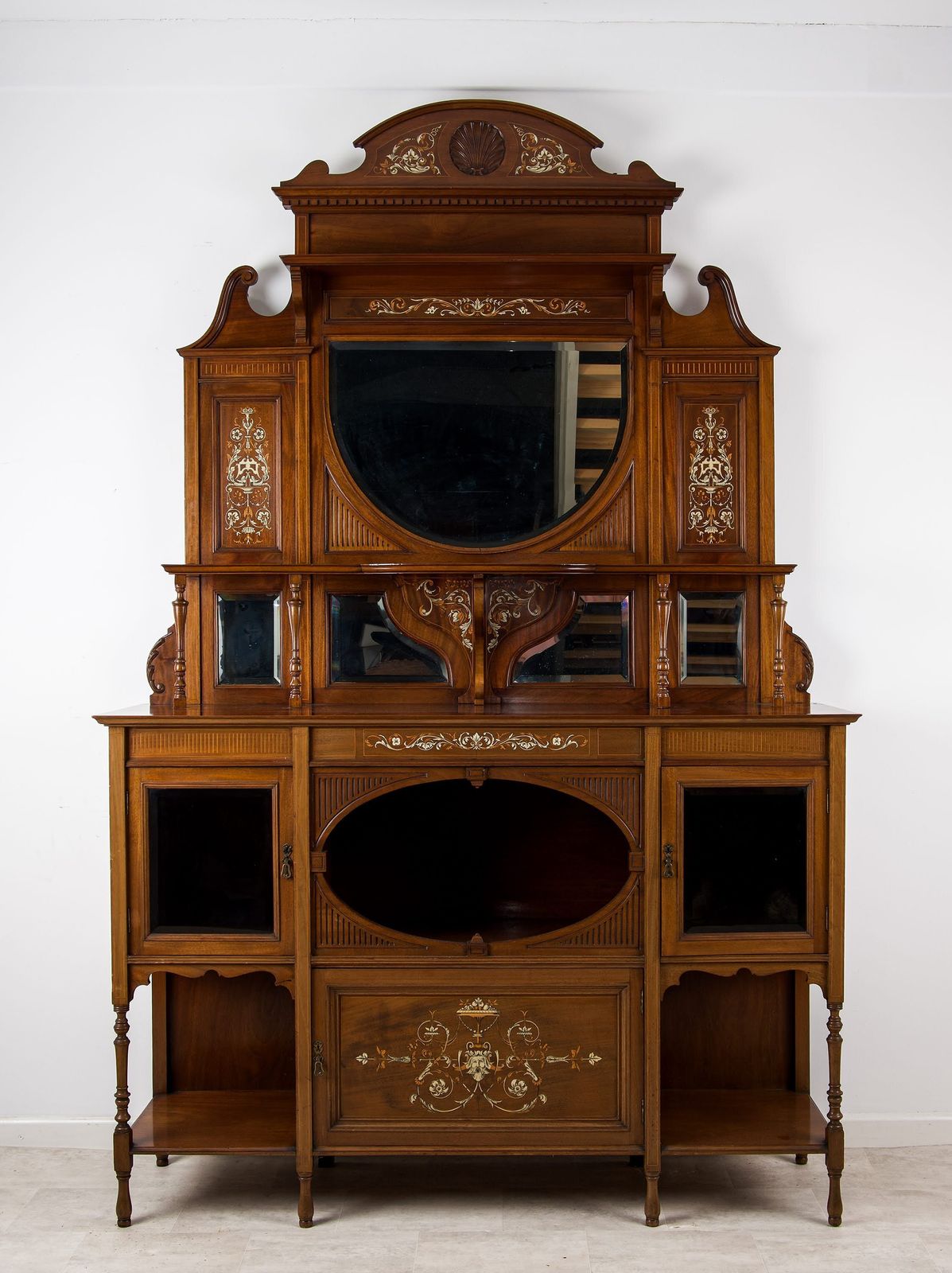 Impressive Victorian Mahogany Inlaid Chiffonier Cabinet   Late 19th Century