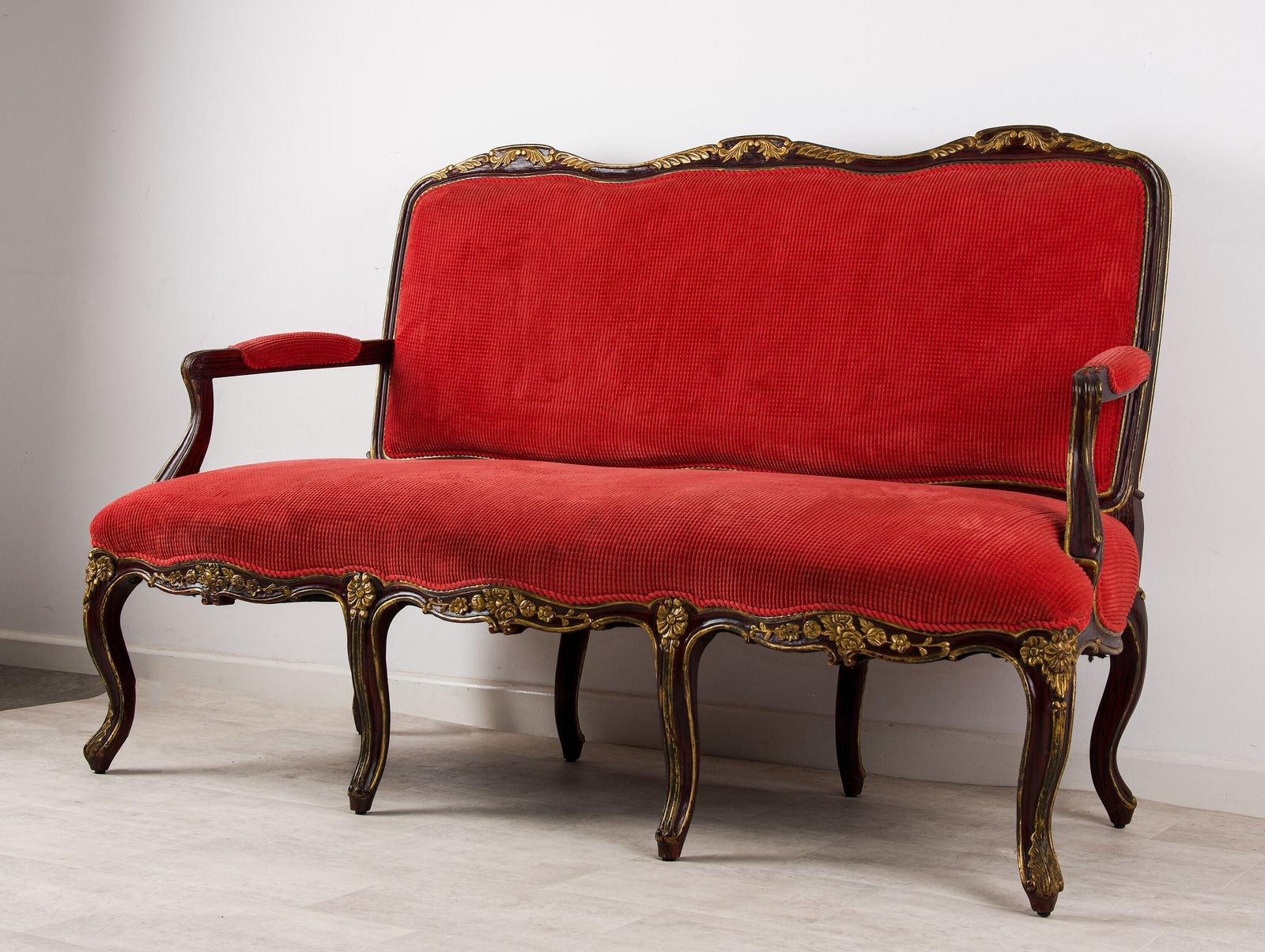 1920s Faux Rosewood & Gilt Painted Settee   Red Upholstery, Louis Revival Style photo furniture