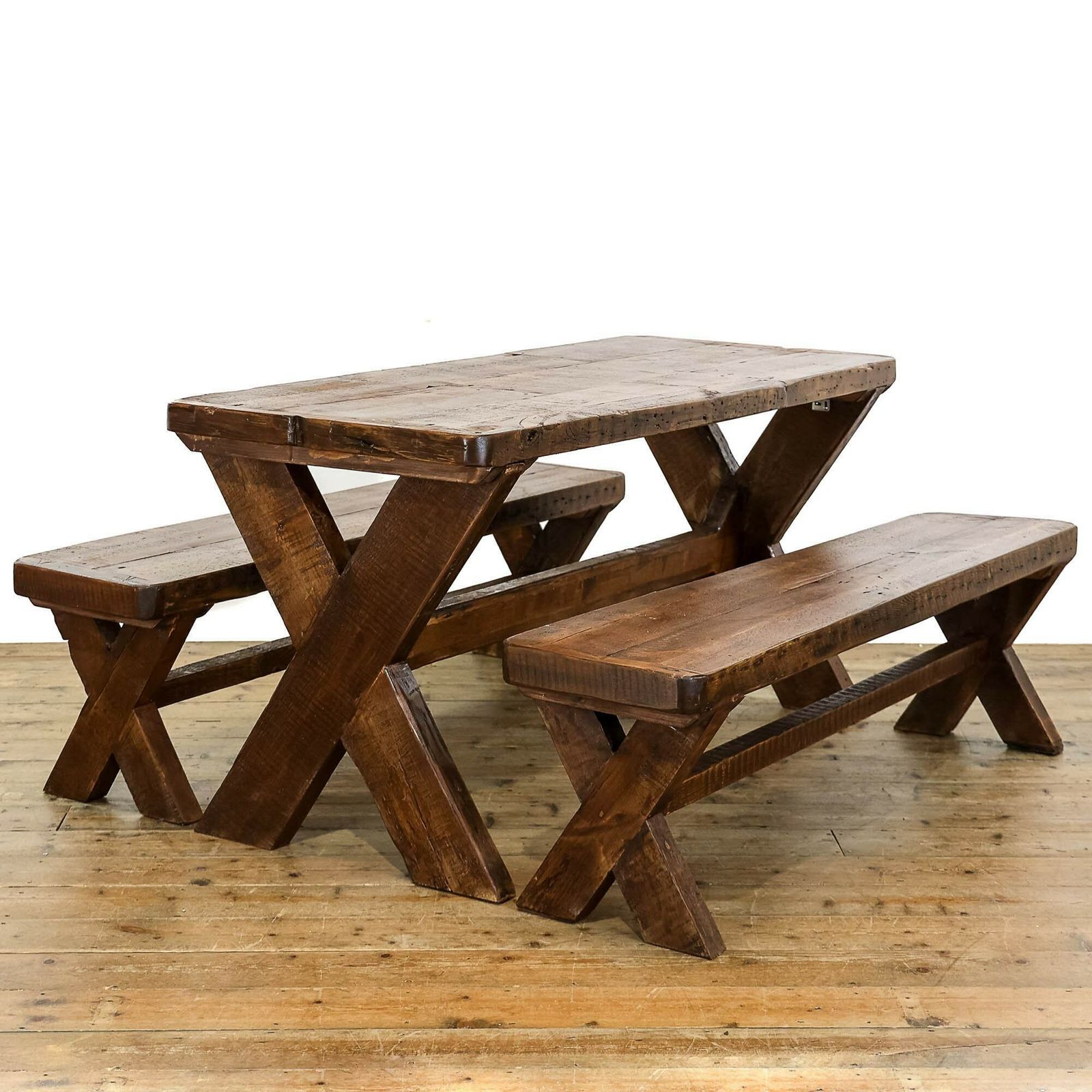 Rustic Table With Benches Set | Reclaimed | Large Wooden Tables | Farmhouse Furniture