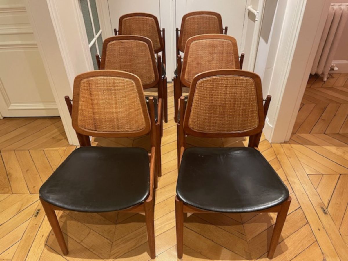 Ensemble de 6 chaises danoises en teck, cannage et cuir, modèle FD 187, par Arne Vodder pour France & Son, 1956. photo furniture