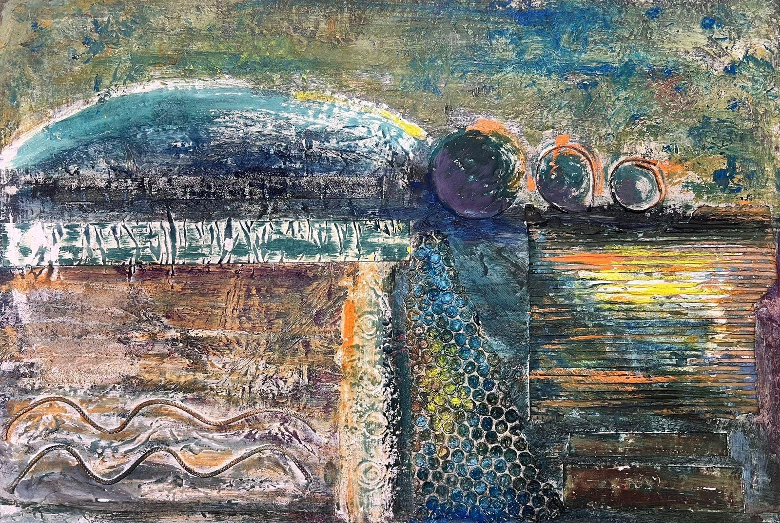 Helen Greenfield Abstract Mixed Media Landscape With Textured Elements And Geometric Forms photo for sale
