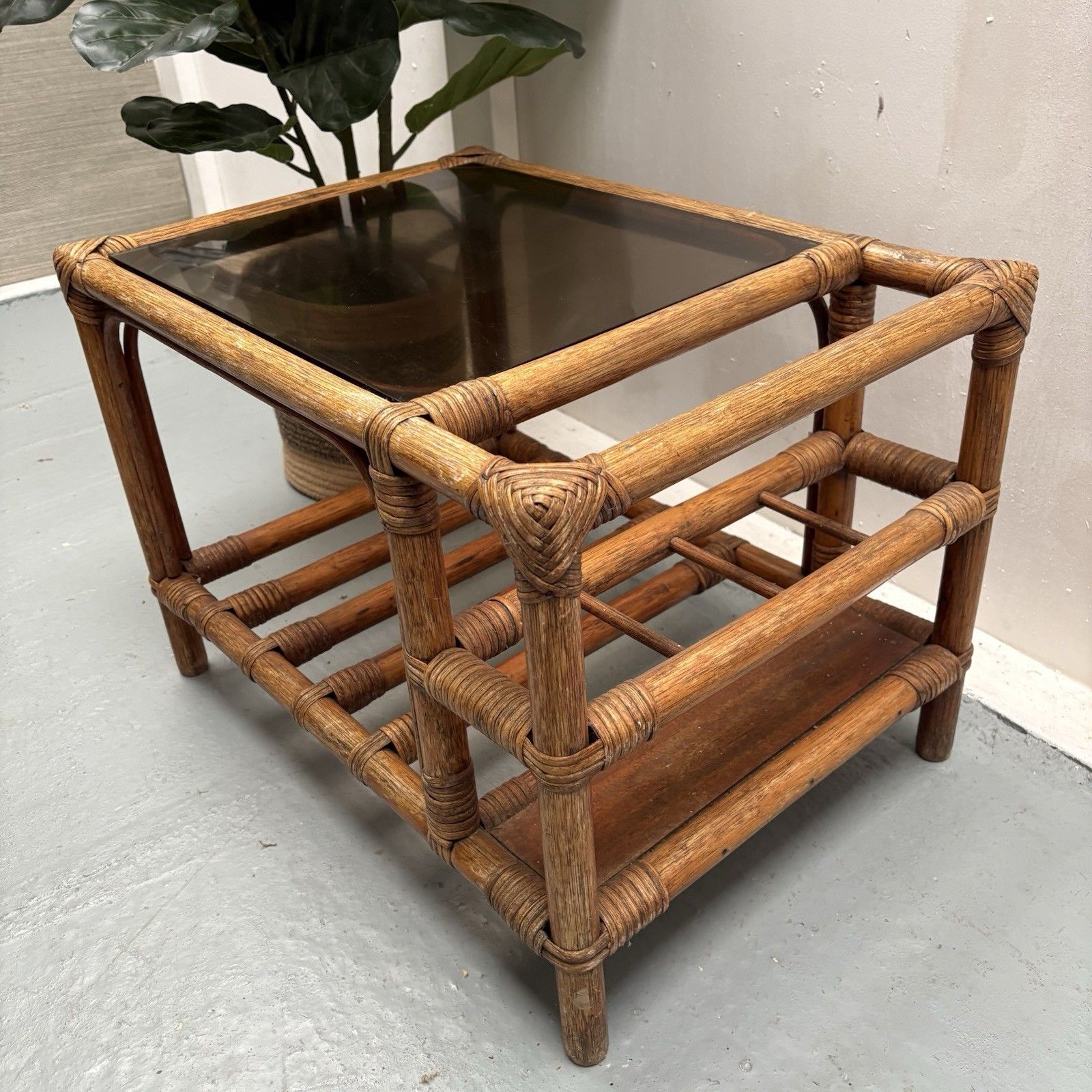 1970s French Boho Bamboo Drinks Side Table With Smoked Glass Magazine Rack photo buy