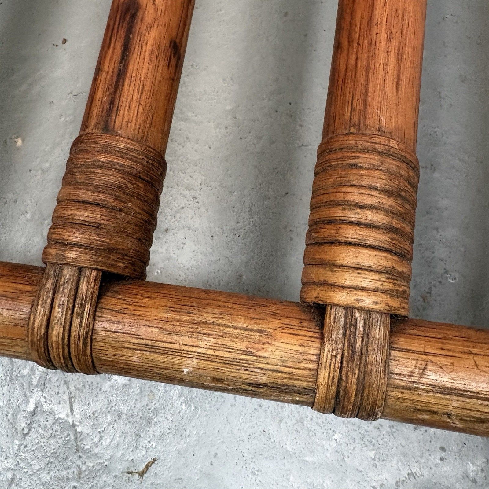 photo for sale 1970s French Boho Bamboo Drinks Side Table With Smoked Glass Magazine Rack
