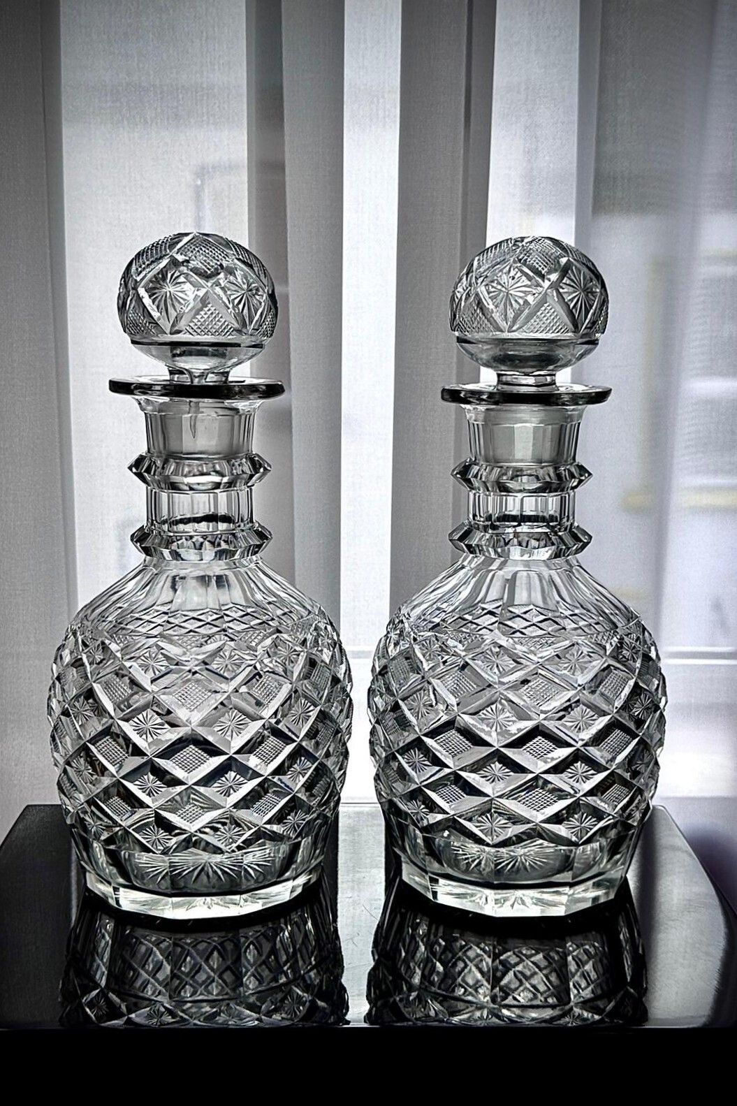 photo buy Pair Of Victorian Cut Glass Decanters With Diamond & Hobnail Cutting, England C.1880–1900
