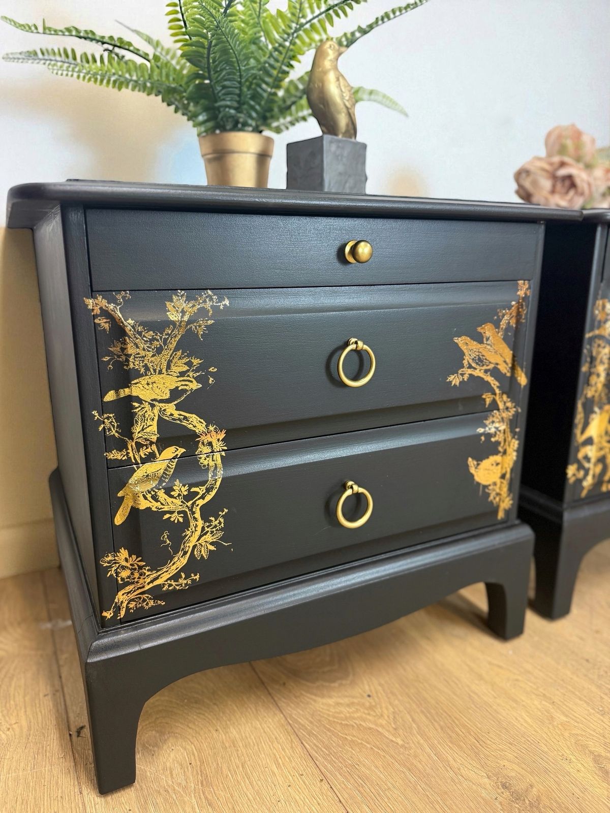 photo for sale Refinished Black And Gold  Stag Minstrel Bedside Table, Floral With Birds