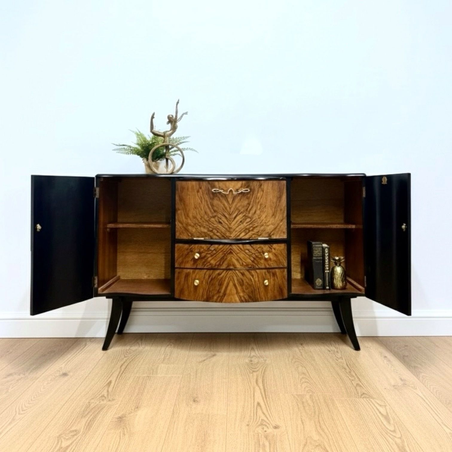 Refinished Walnut Art Deco Stonehill Cocktail Cabinet In Black, Hand Painted, Drinks, Gin Bar, Burr Walnut photo vinterior