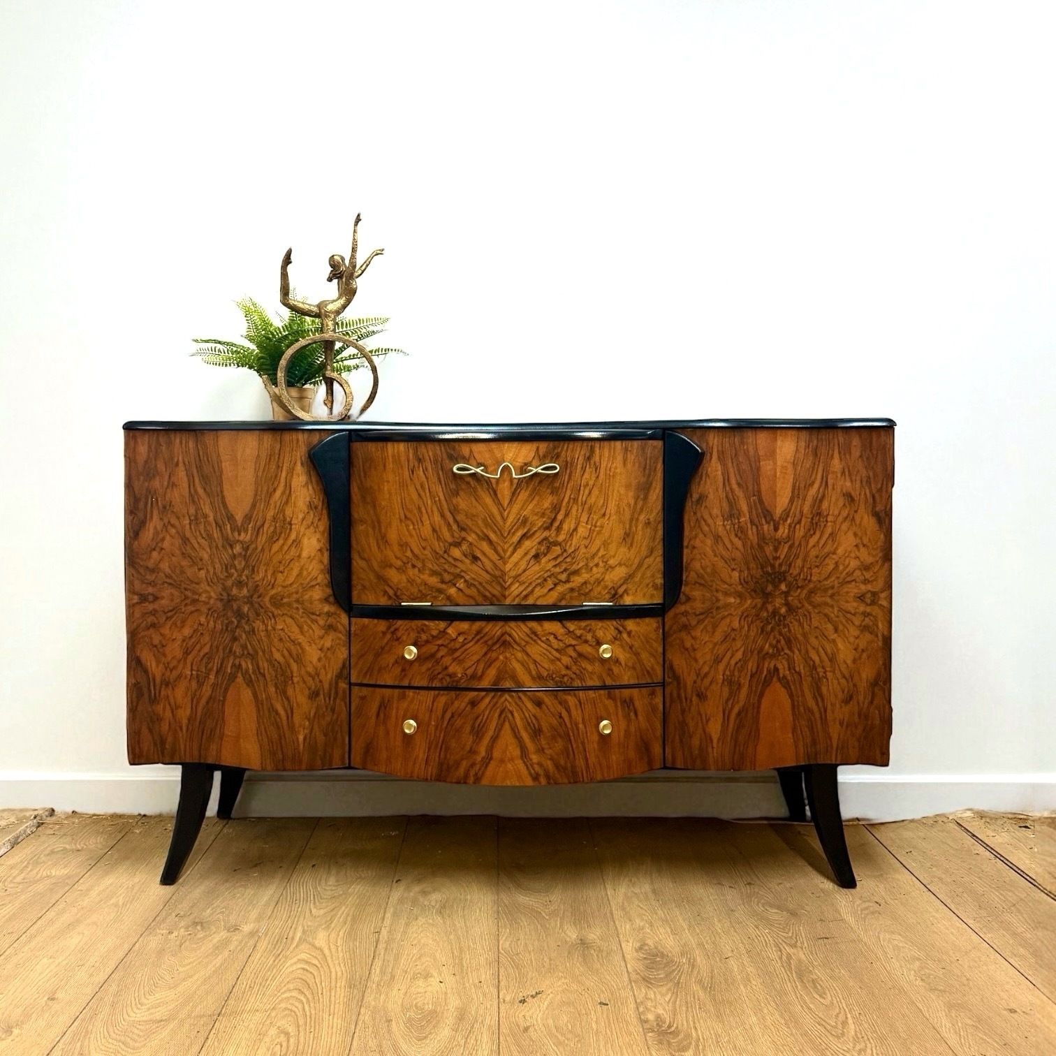 Refinished Walnut Art Deco Stonehill Cocktail Cabinet In Black, Hand Painted, Drinks, Gin Bar, Burr Walnut