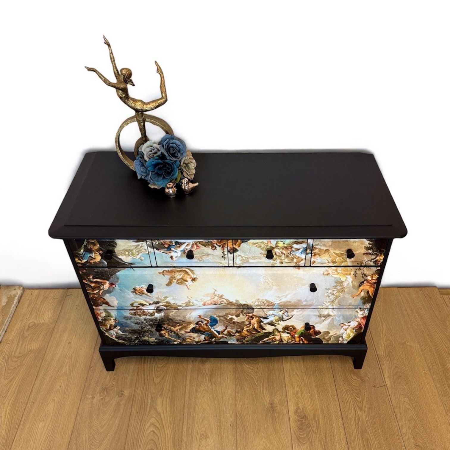 Stag Minstrel Chest Of Drawers Black With Renaissance Inspired Mural, Baroque Sideboard, Tv Stand, Sistine Chapel, Michelangelo photo Furniture