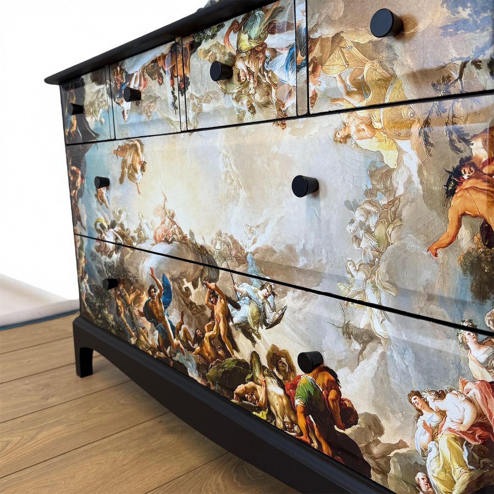 Stag Minstrel Chest Of Drawers Black With Renaissance Inspired Mural, Baroque Sideboard, Tv Stand, Sistine Chapel, Michelangelo photo 645.0