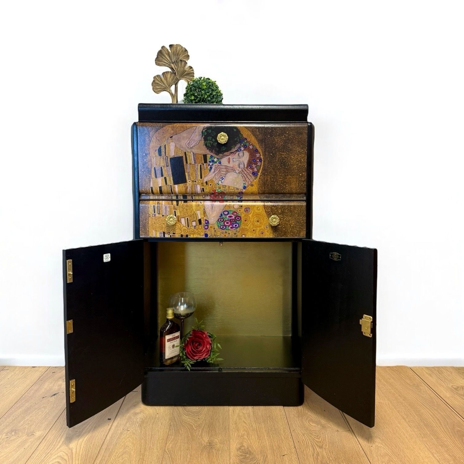 Black Art Deco Nathan Cocktail Cabinet With Gustav Klimt The Kiss Mural, Black, Drinks, Dresser photo furniture