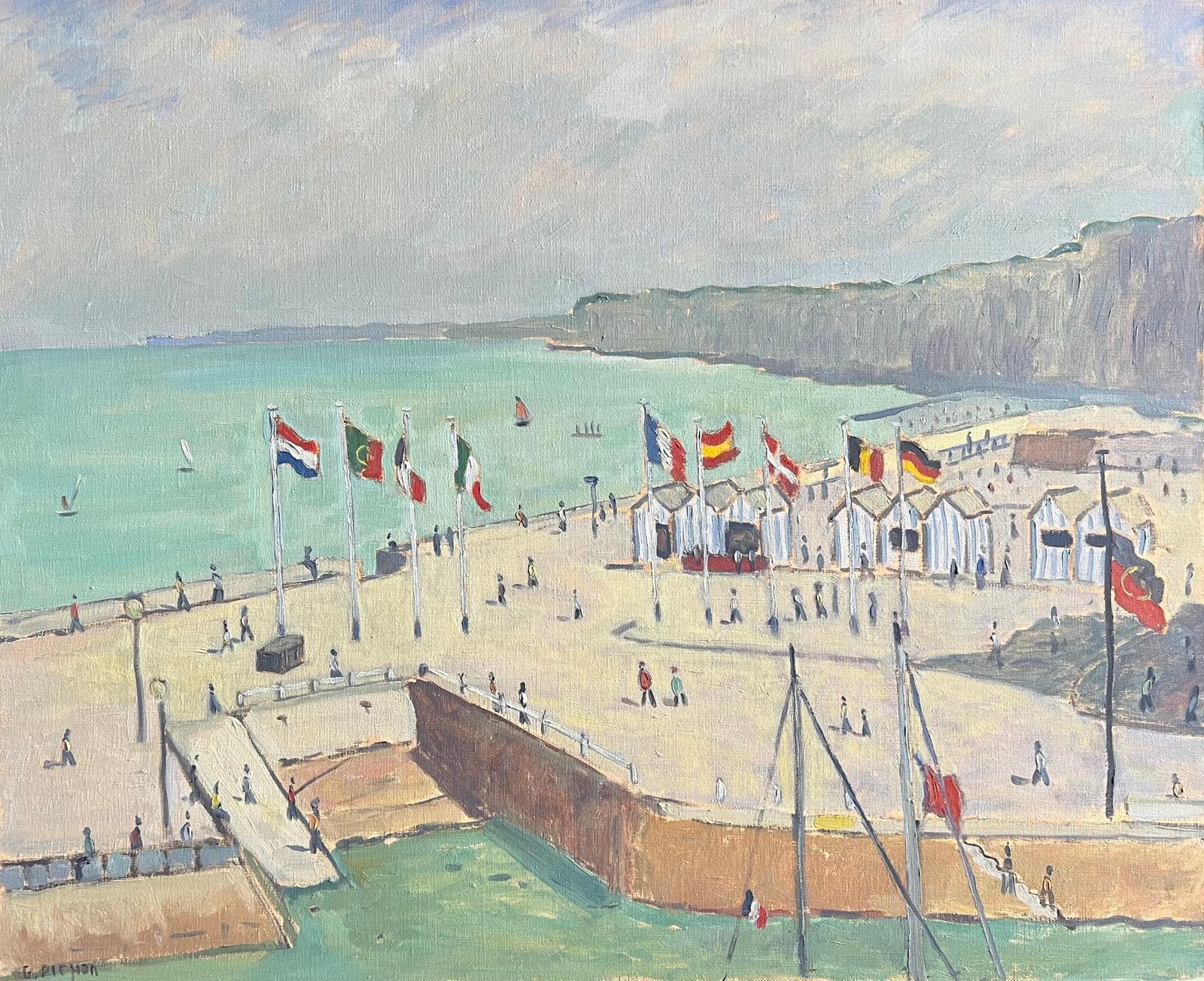 Guy Pichon French Coastal Seaside Scene With Figures Flags And Bathing Huts Landscape 2002