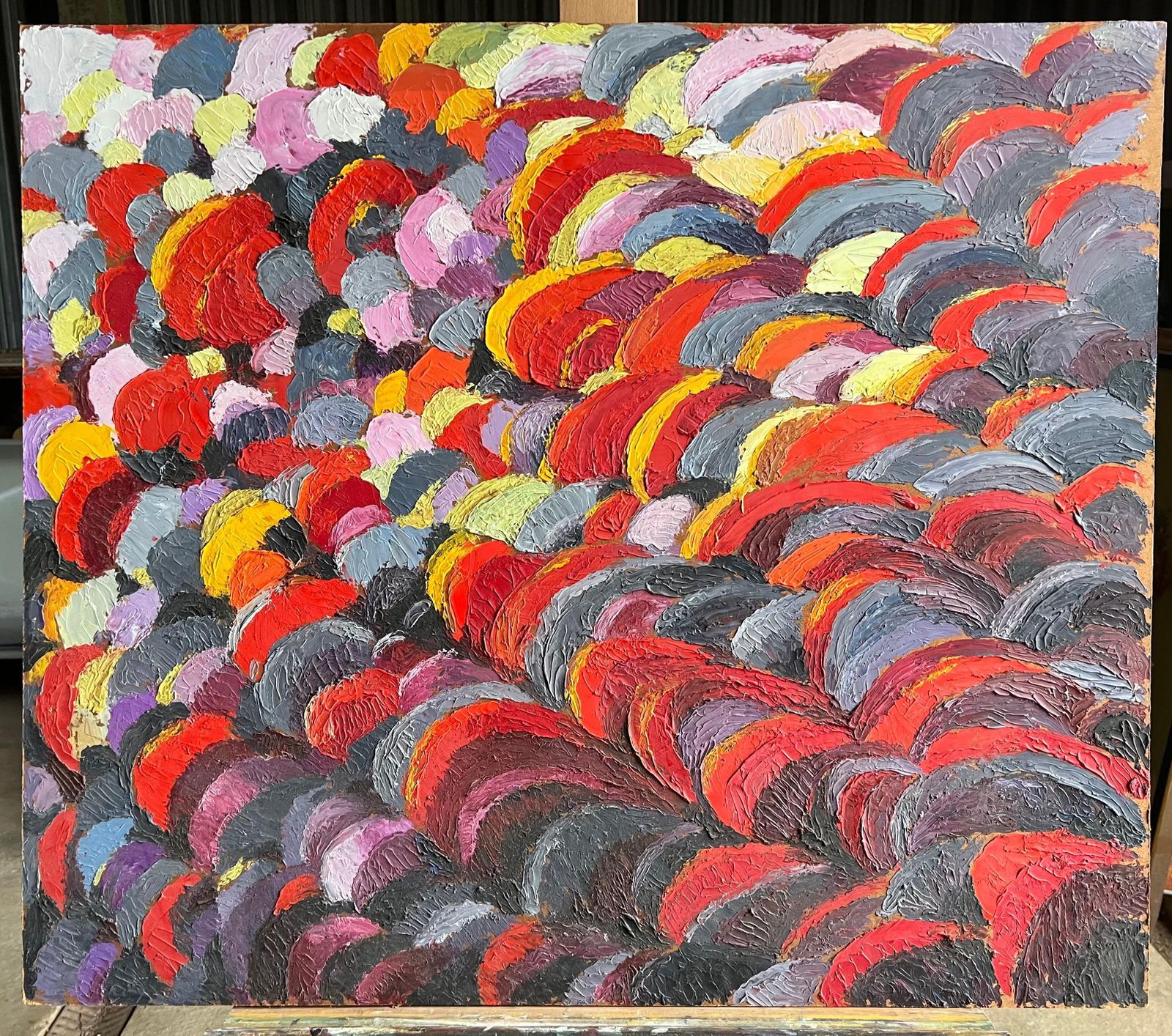 French 1960's Abstract Expressionist Painting With Bold Textured Brushstrokes Sunset Colours photo furniture
