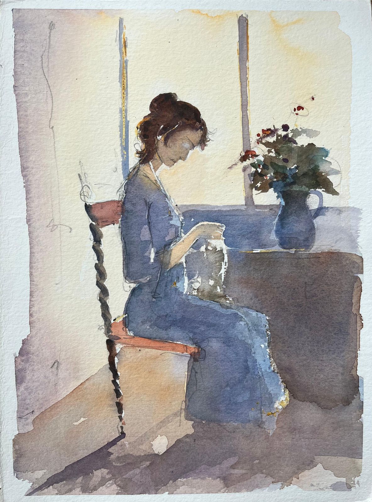 Anthony Avery British Watercolor Of A Woman Sewing By A Sunlit Window