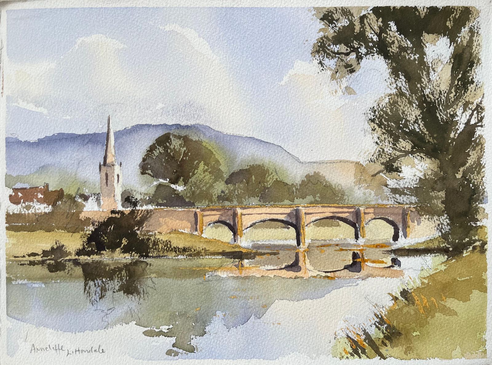 Anthony Avery British Watercolor Of Arncliffe, Littondale With Bridge And Church  1
