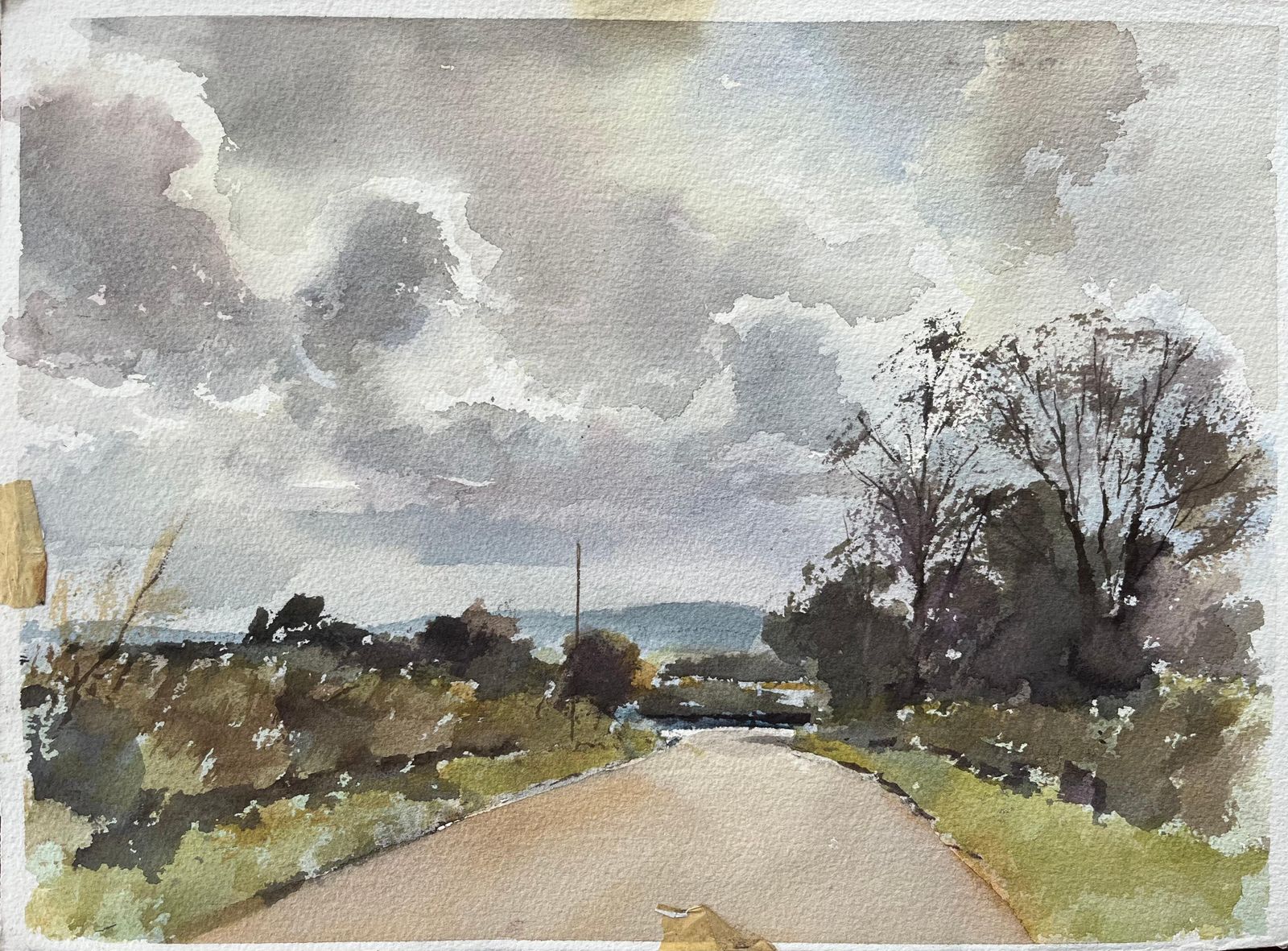 Anthony Avery British Watercolor Of A Countryside Road Under Dramatic Clouds
