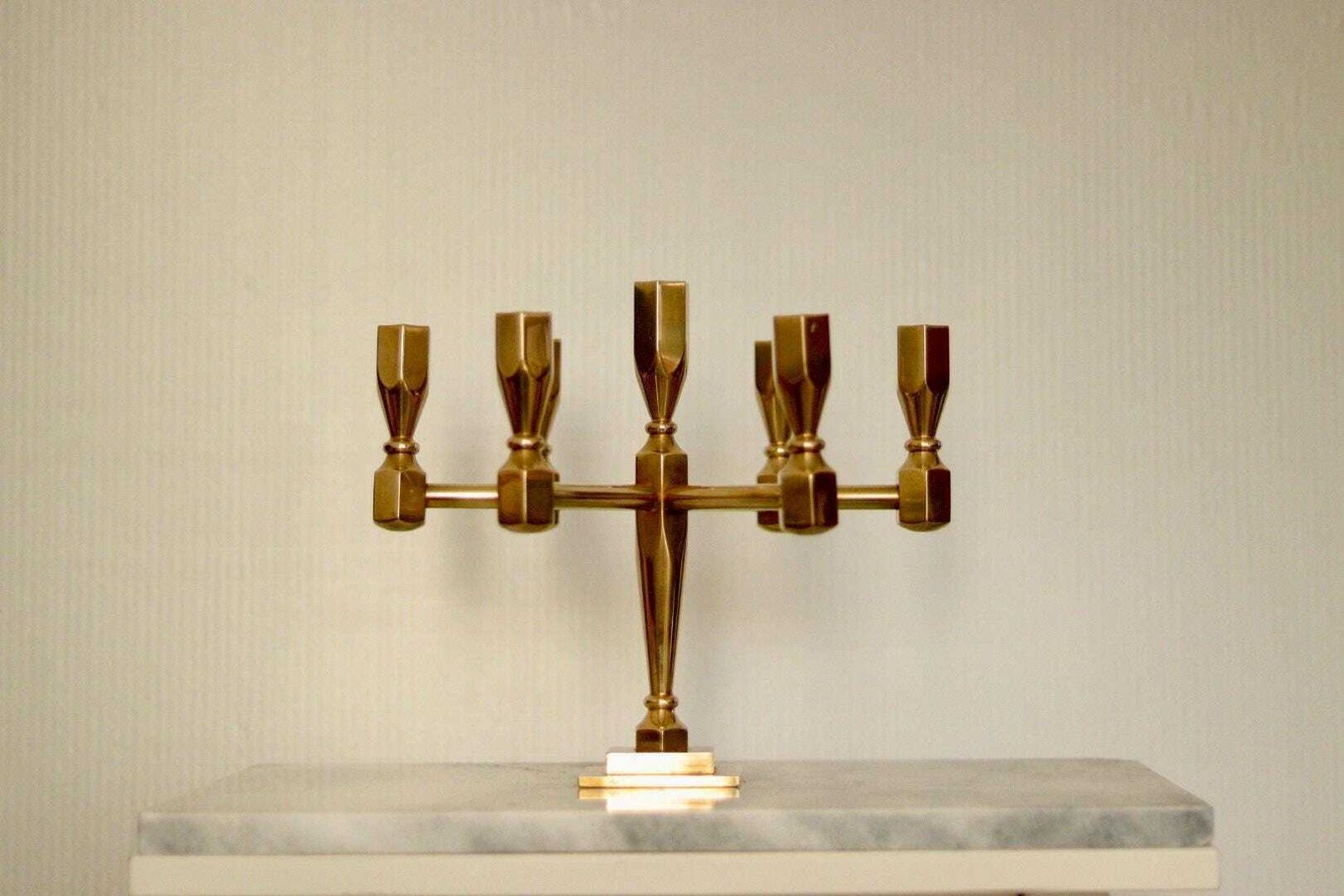 photo vintage Swedish Vintage Brass Seven Arm Candelabra By Gusum