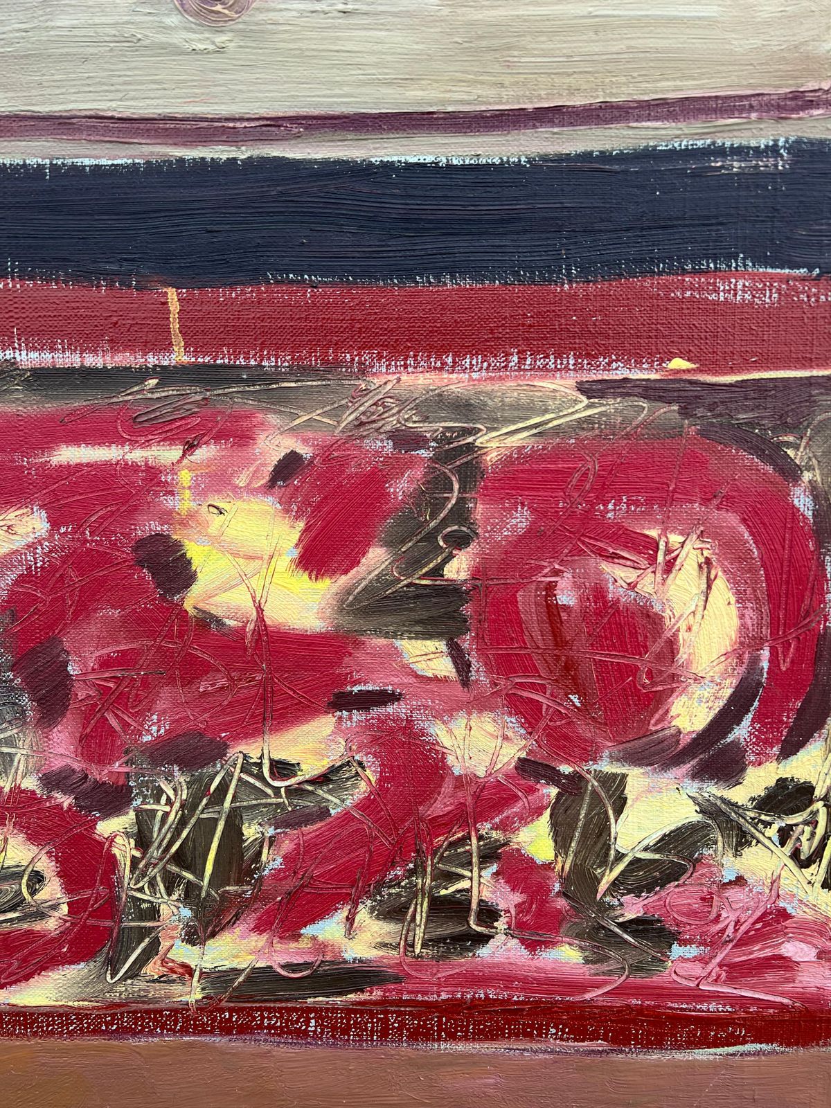 Gilbert Pelissier 1960's French Large Oil Layers Of Expression Textured Abstract Red & Yellows photo Art