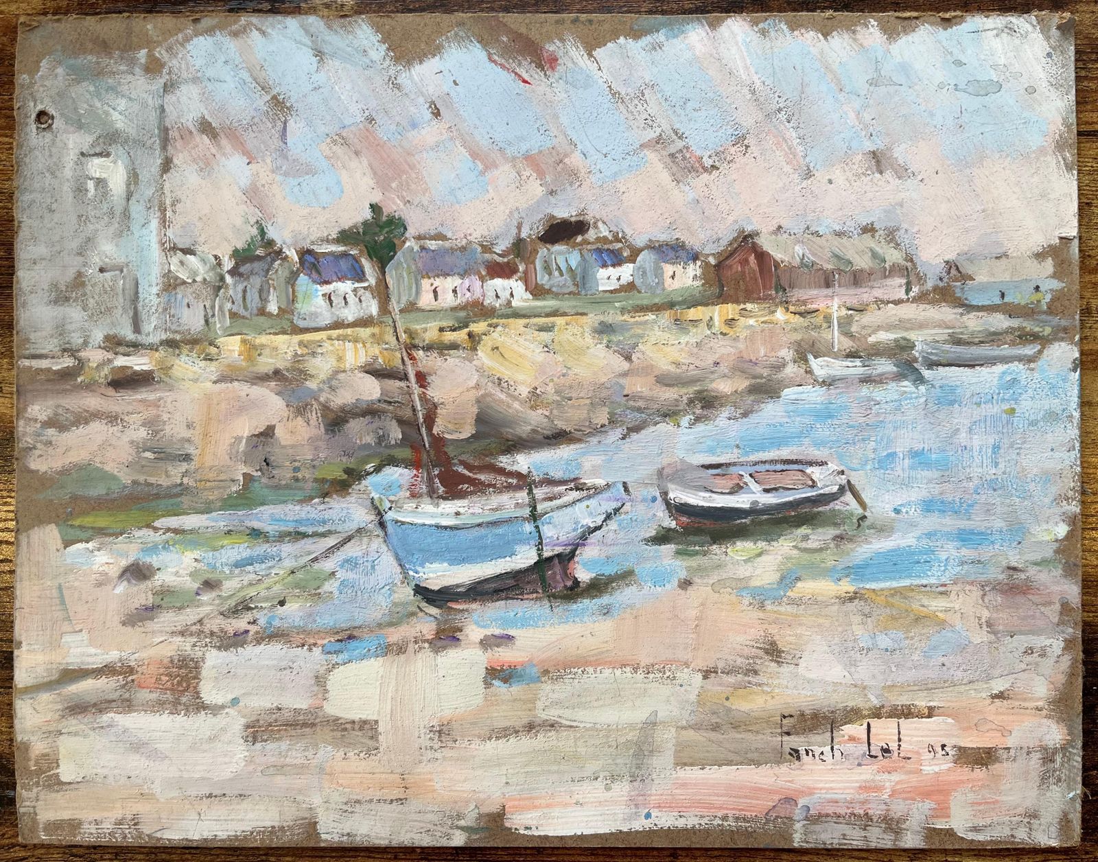 Fanch Lel French Impressionist Oil Painting Of Quaint Harbor Scene With Boats At Low Tide 1995 photo furniture