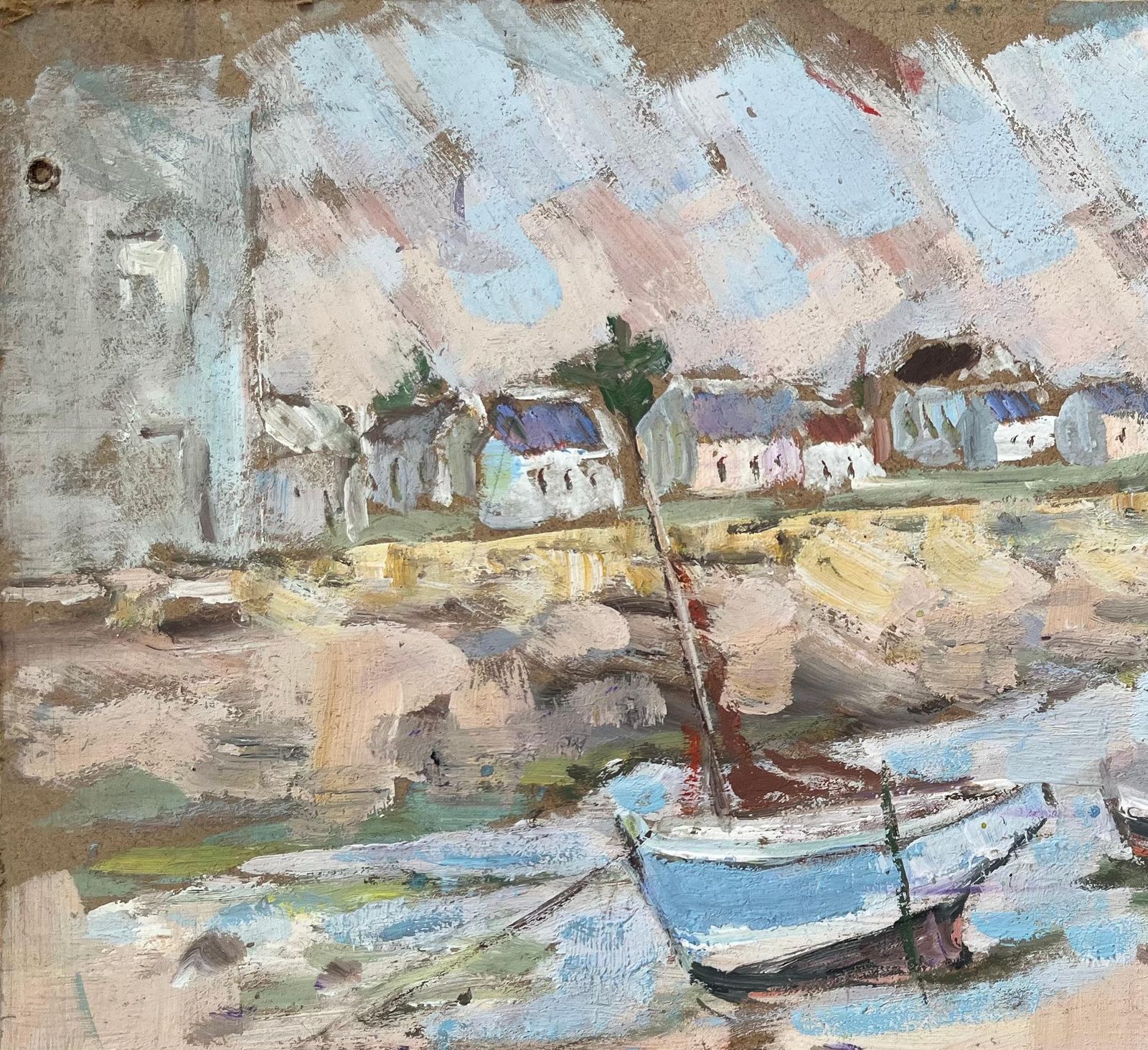 Fanch Lel French Impressionist Oil Painting Of Quaint Harbor Scene With Boats At Low Tide 1995 photo 475.0