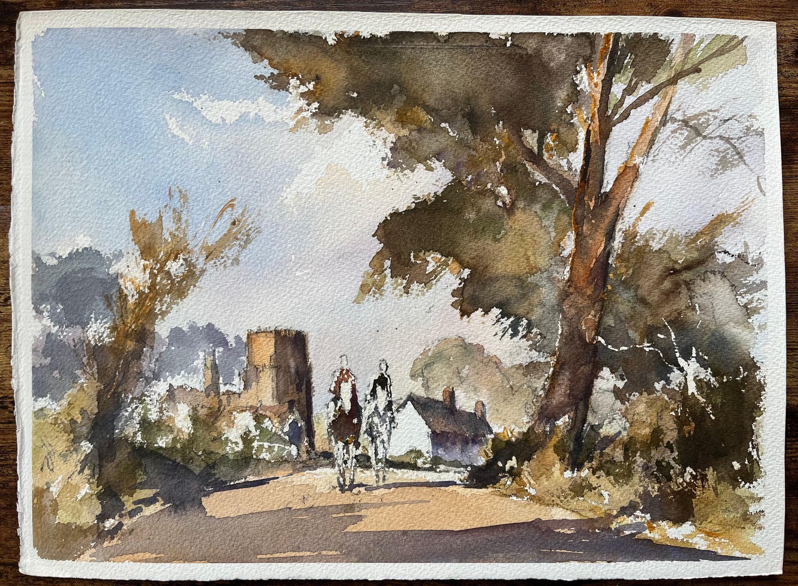 Anthony Avery British Original Watercolor Of Riders Approaching A Village Scene photo furniture