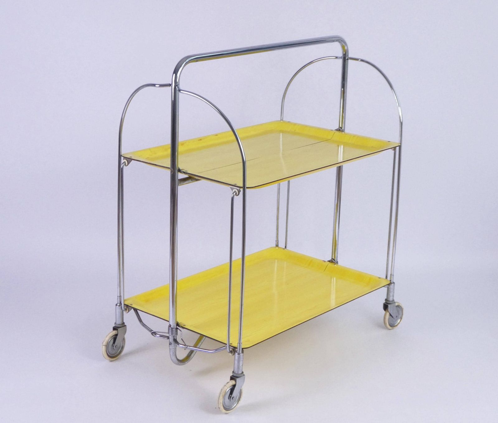 Mid Century Yellow Foldable Bar Cart, Rare 60’s Dinett Serving Trolley With Chrome Metal Design, Tea Cart Entertainment Trolley photo furniture