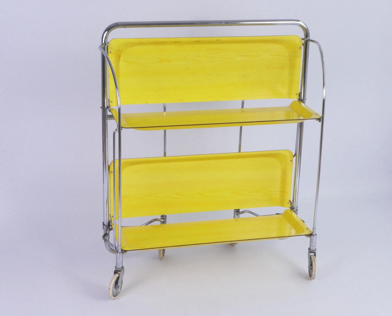 Mid Century Yellow Foldable Bar Cart, Rare 60’s Dinett Serving Trolley With Chrome Metal Design, Tea Cart Entertainment Trolley photo buy