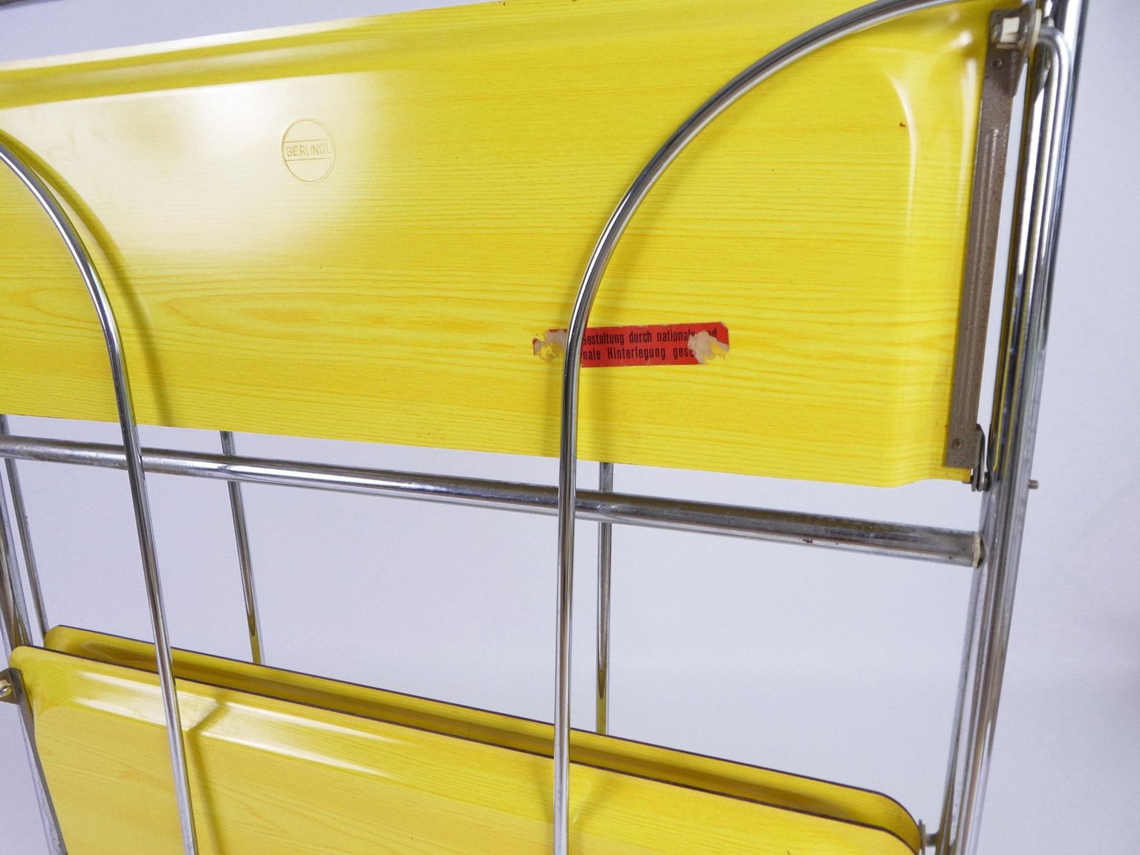 photo furniture Mid Century Yellow Foldable Bar Cart, Rare 60’s Dinett Serving Trolley With Chrome Metal Design, Tea Cart Entertainment Trolley