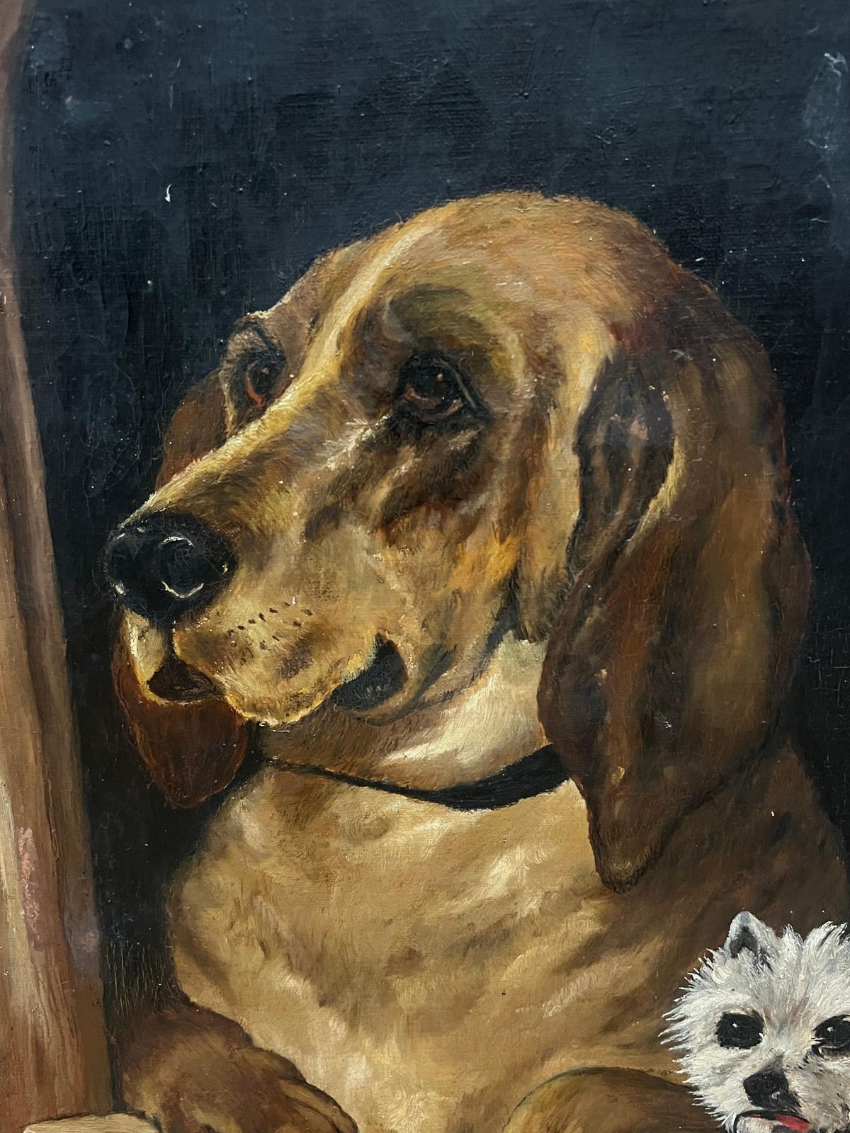 Kathleen Lee Antique Portrait Of Hound And Terrier Dogs In Kennel Oil Painting After Landseer photo for sale