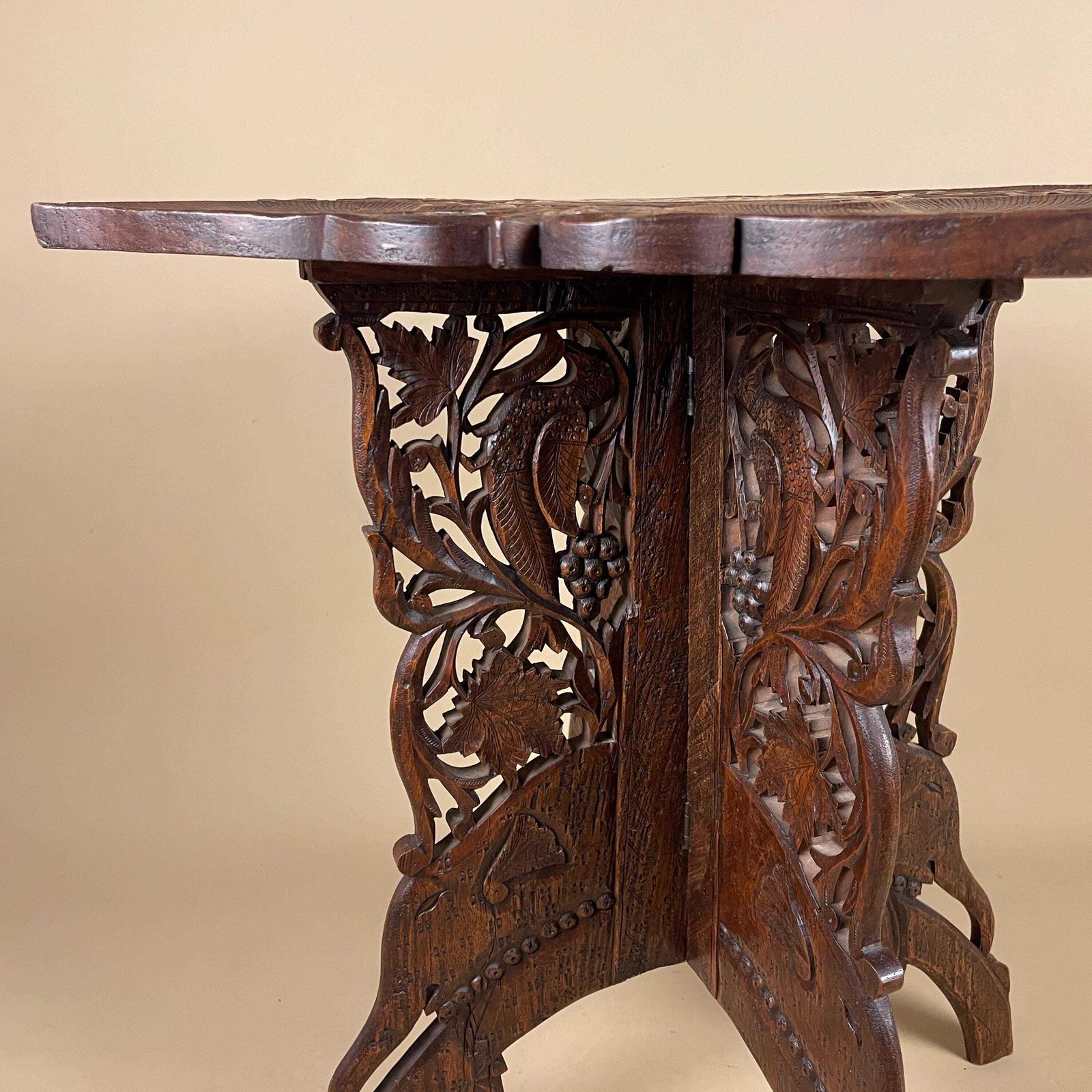 photo furniture Indian Wooden Table Decorative Intricate Patterned Gold Inlay Top Hand Crafted Square Vintage Antique Asian Plant Stand Carved Pattern Wood