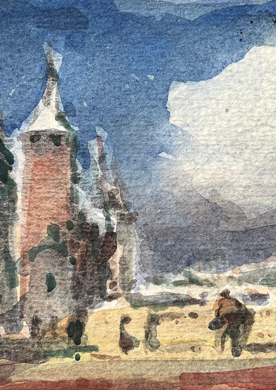 Maurice Mazeilie French Impressionist Watercolor Of Figures Walking Along A Bridge By Tower photo 235.0