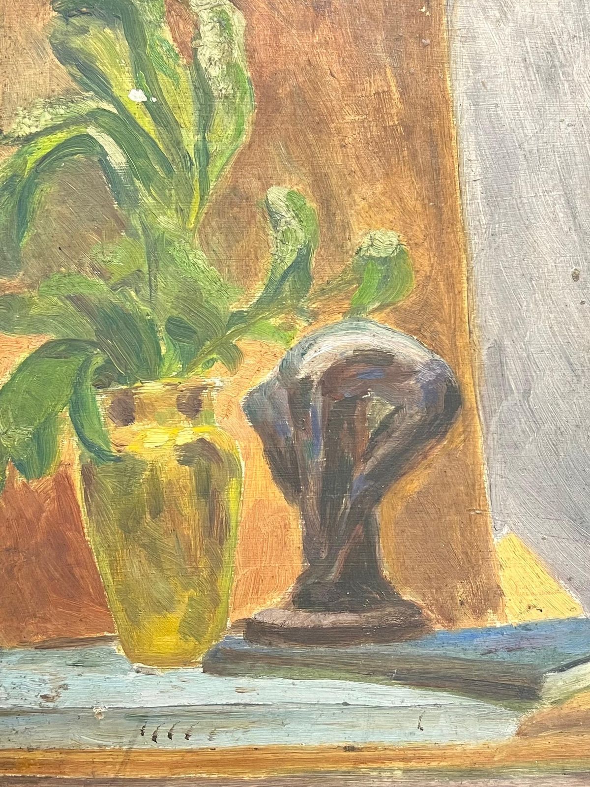 Simone Forge Still Life With Vibrant Green Foliage In Yellow Glass Vase Sculpture On Table 19th Century