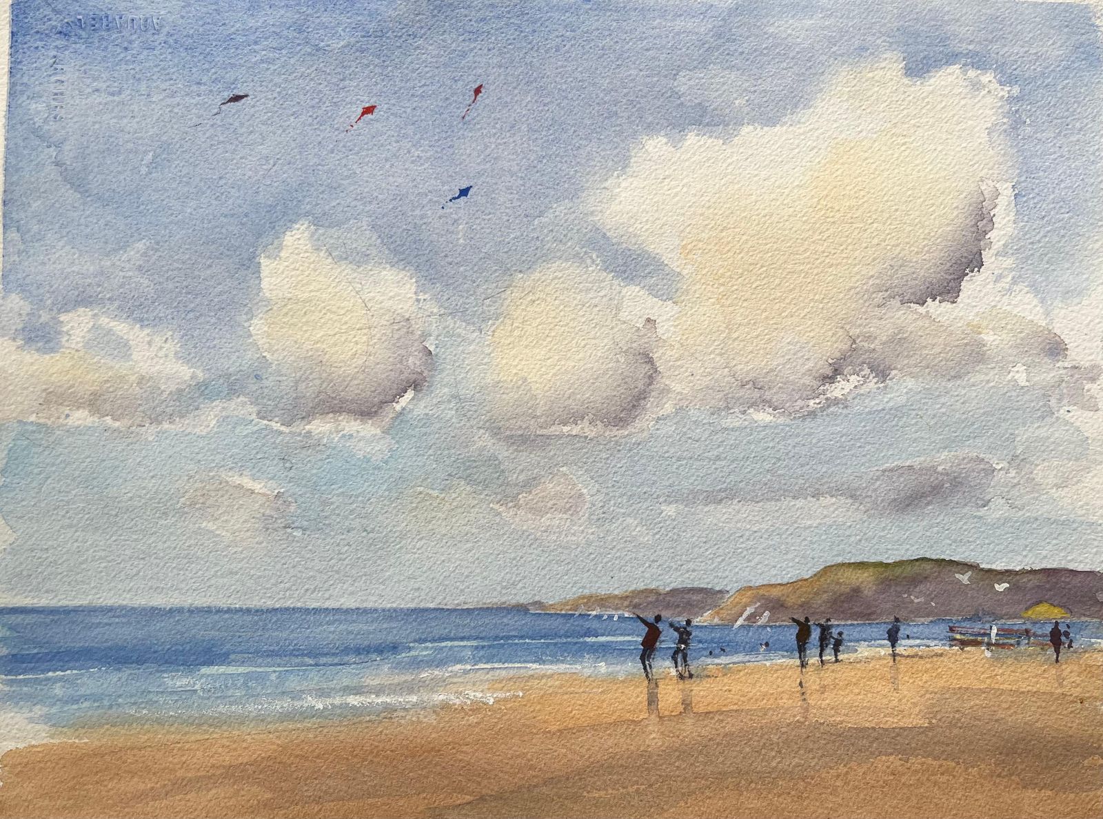 British Impressionist Watercolor Of A Coastal Scene With Kite Flyers