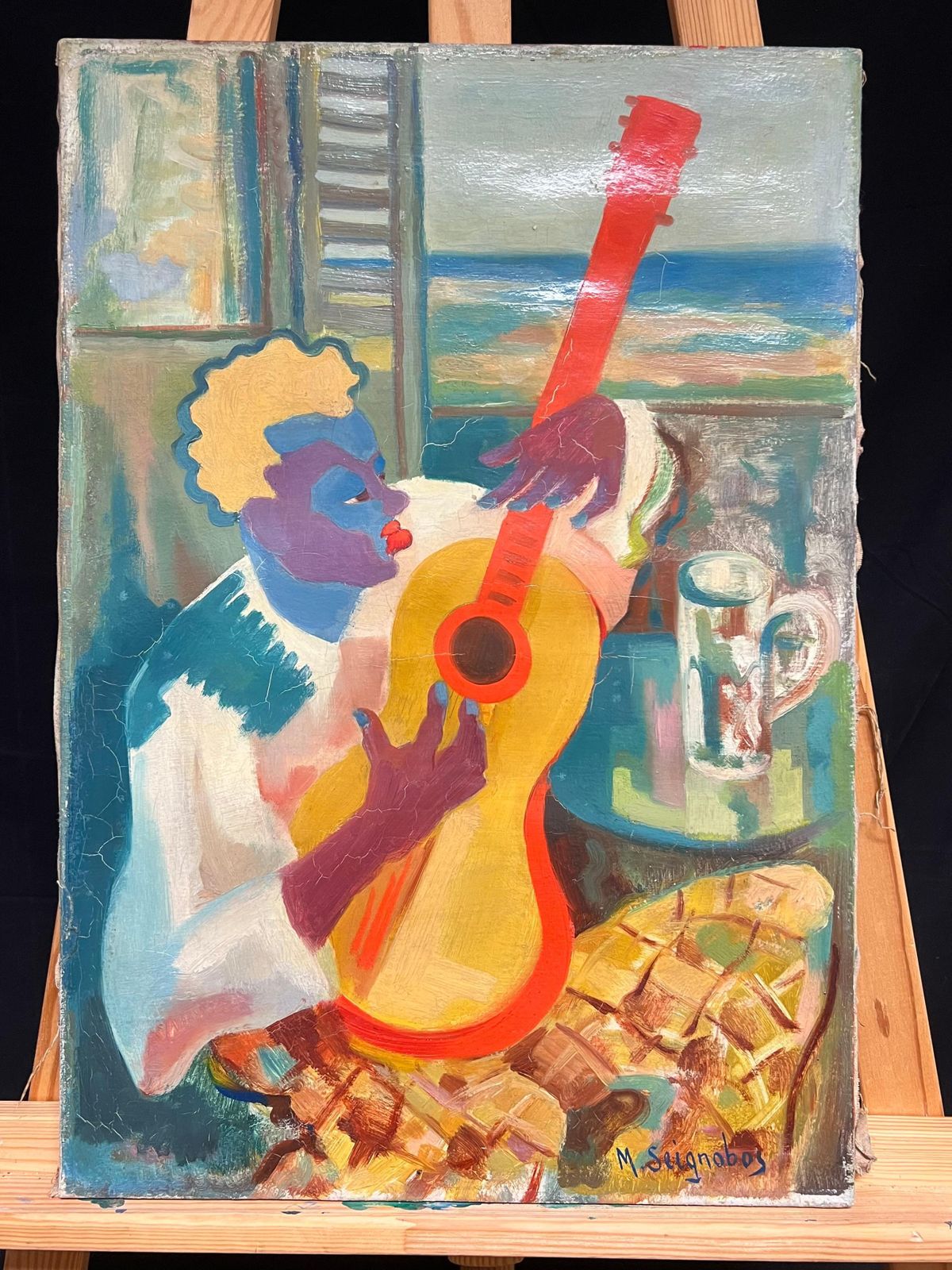 Vibrant Cubist Portrait Of A Musician With Guitar Mid 20th Century Painting photo furniture