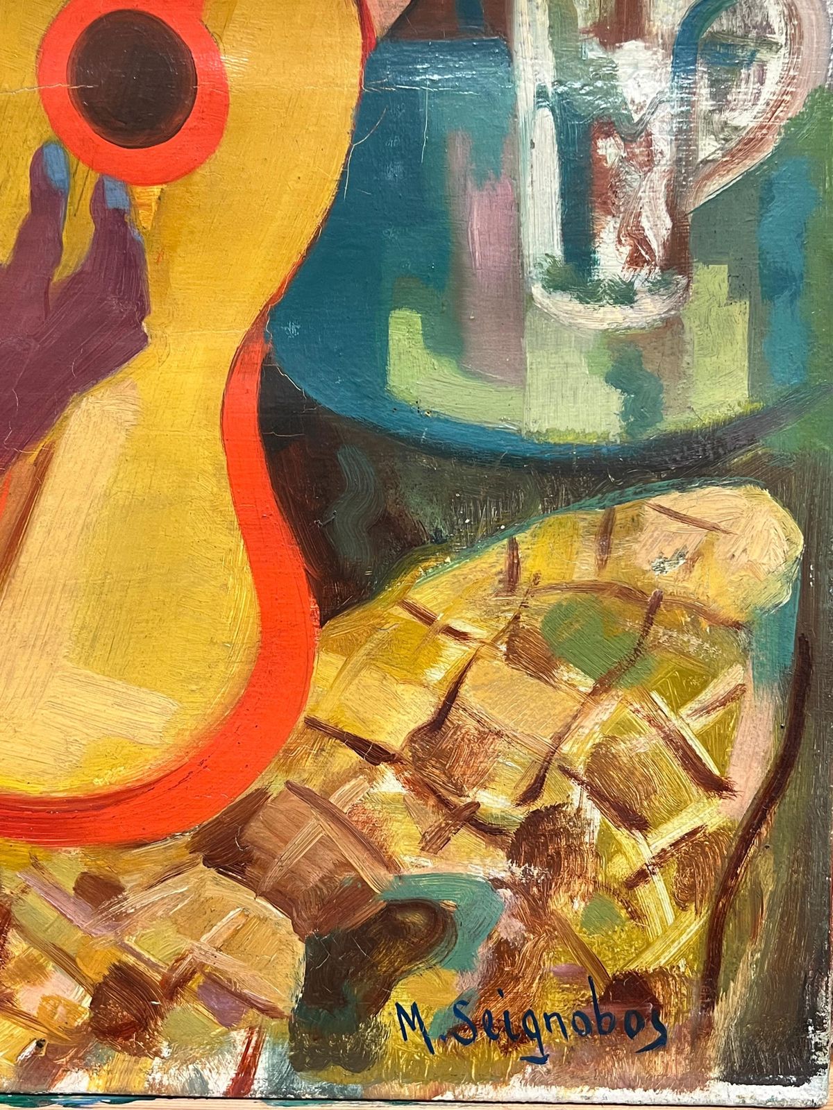 Vibrant Cubist Portrait Of A Musician With Guitar Mid 20th Century Painting photo buy