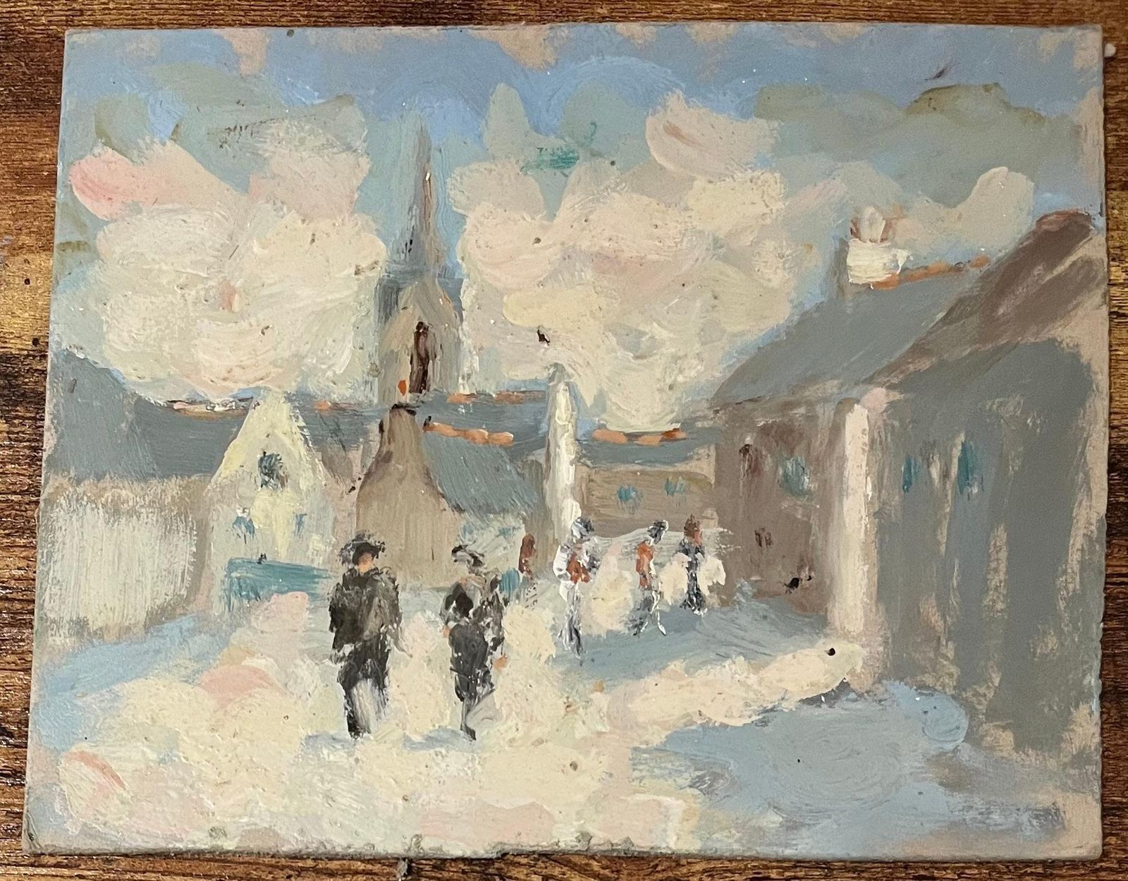French Impressionist Oil Painting Of Village Scene With Strolling Figures 20th Century photo furniture