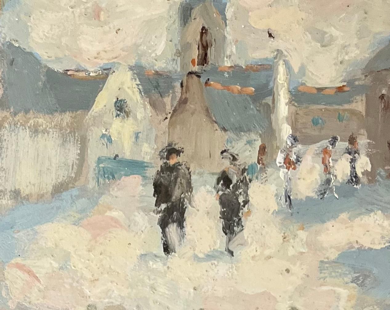 French Impressionist Oil Painting Of Village Scene With Strolling Figures 20th Century photo Art