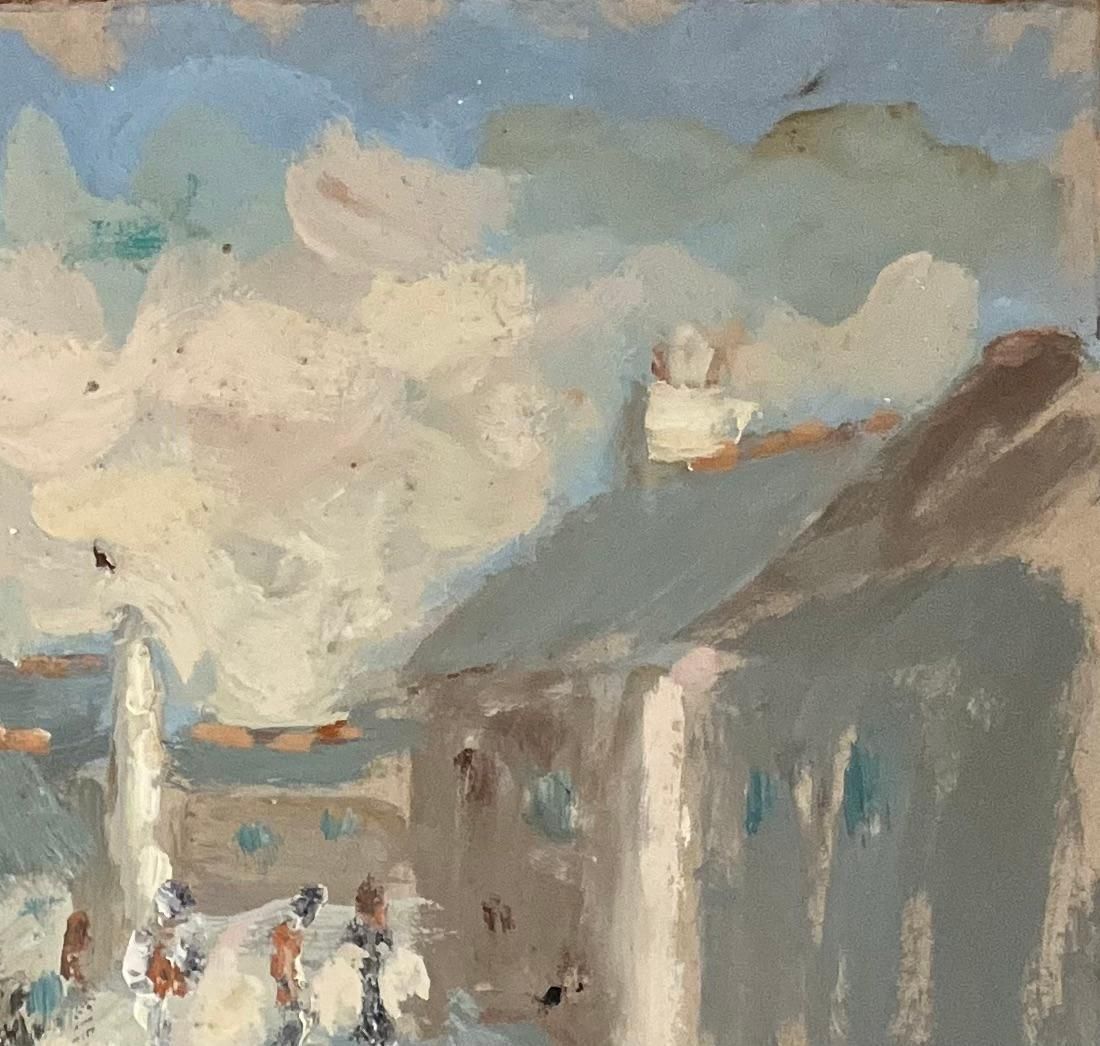French Impressionist Oil Painting Of Village Scene With Strolling Figures 20th Century photo vinterior
