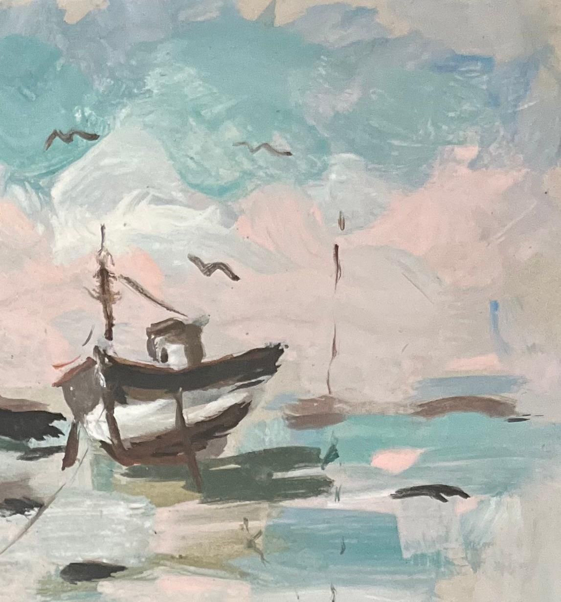 French Impressionist Acrylic Painting Of A Solitary Boat At Low Tide photo vinterior
