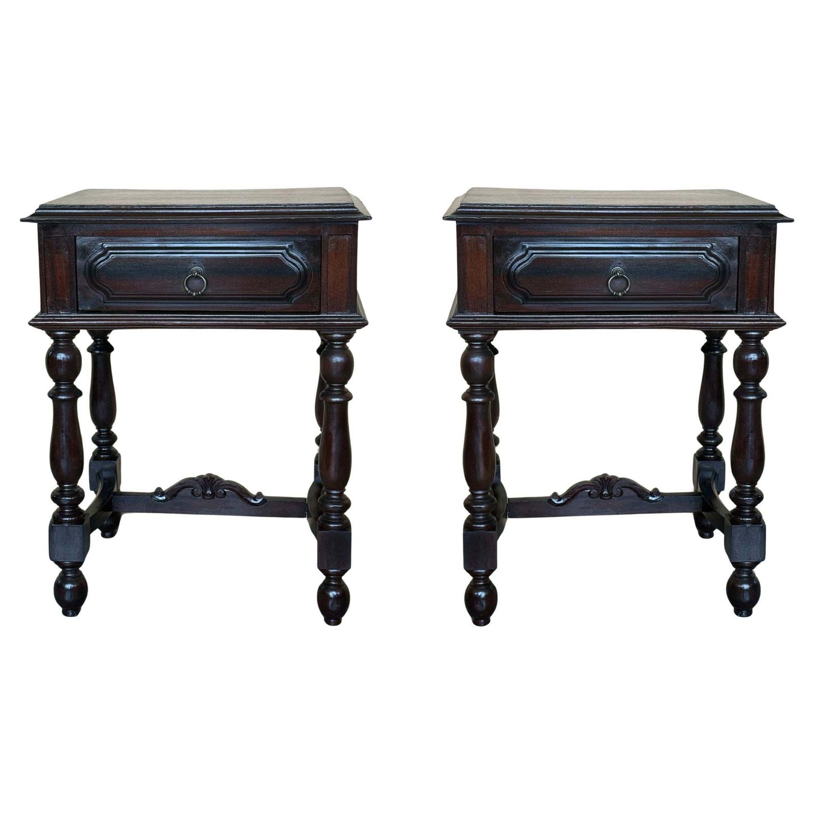 Pair Of Walnut Carved Spanish Nightstands With Solomonic Legs And Drawer
