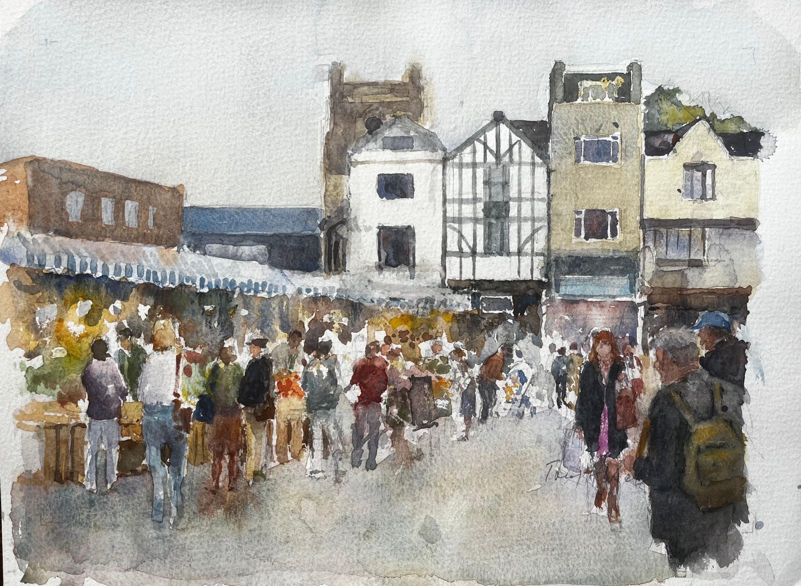 Anthony Herbert Kingston Market London Watercolour Of Bustling Street Scene With Tudor Facade