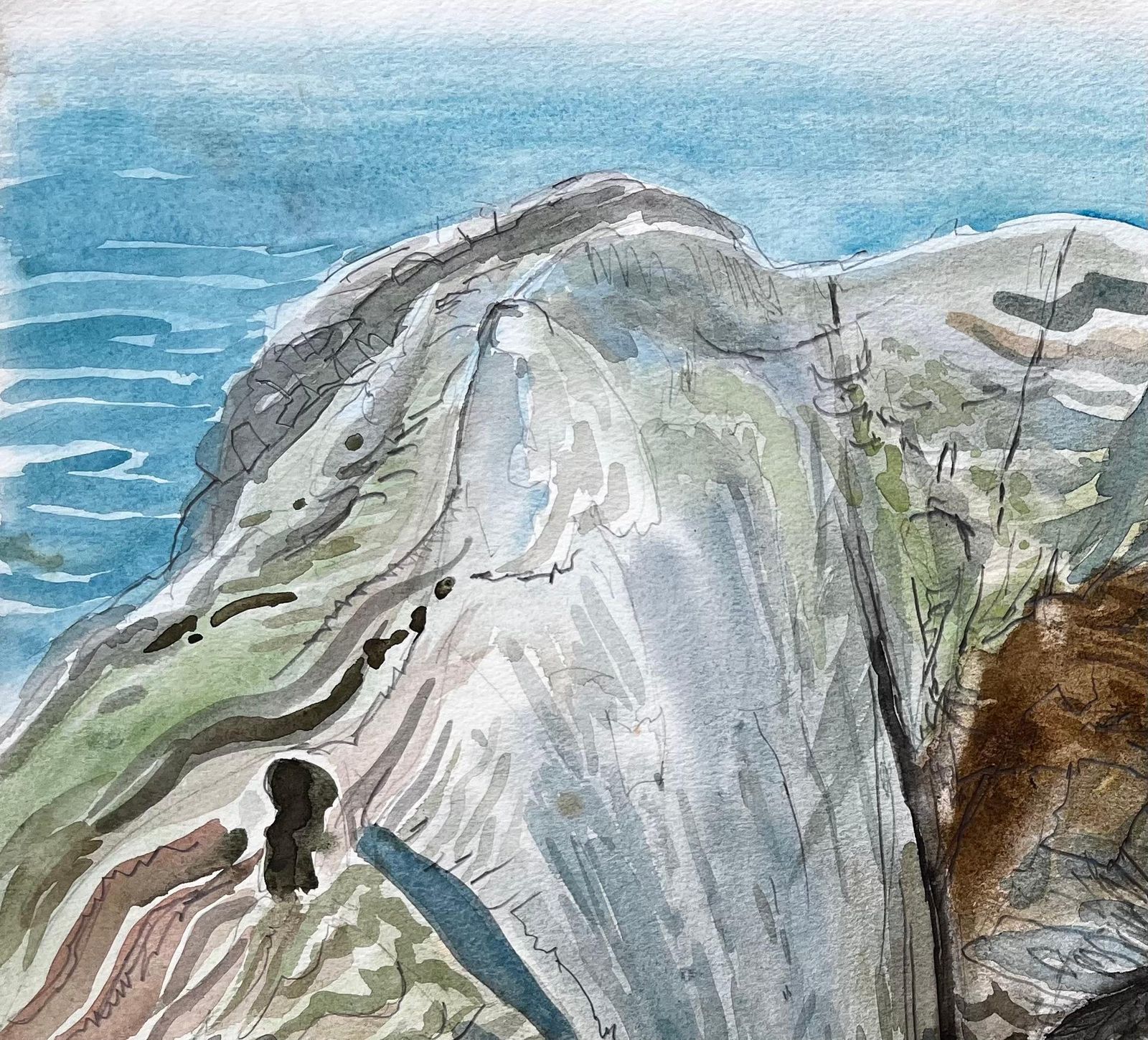 John Steane (B.1931) Dramatic Coastal Cliff Chasm And Sea View Expressive Watercolour By John Steane photo vinterior