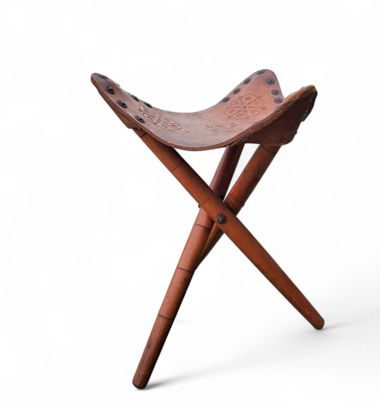photo buy 2 X Matching Vintage Tooled Leather Tripod Chair / Camp Chair /
