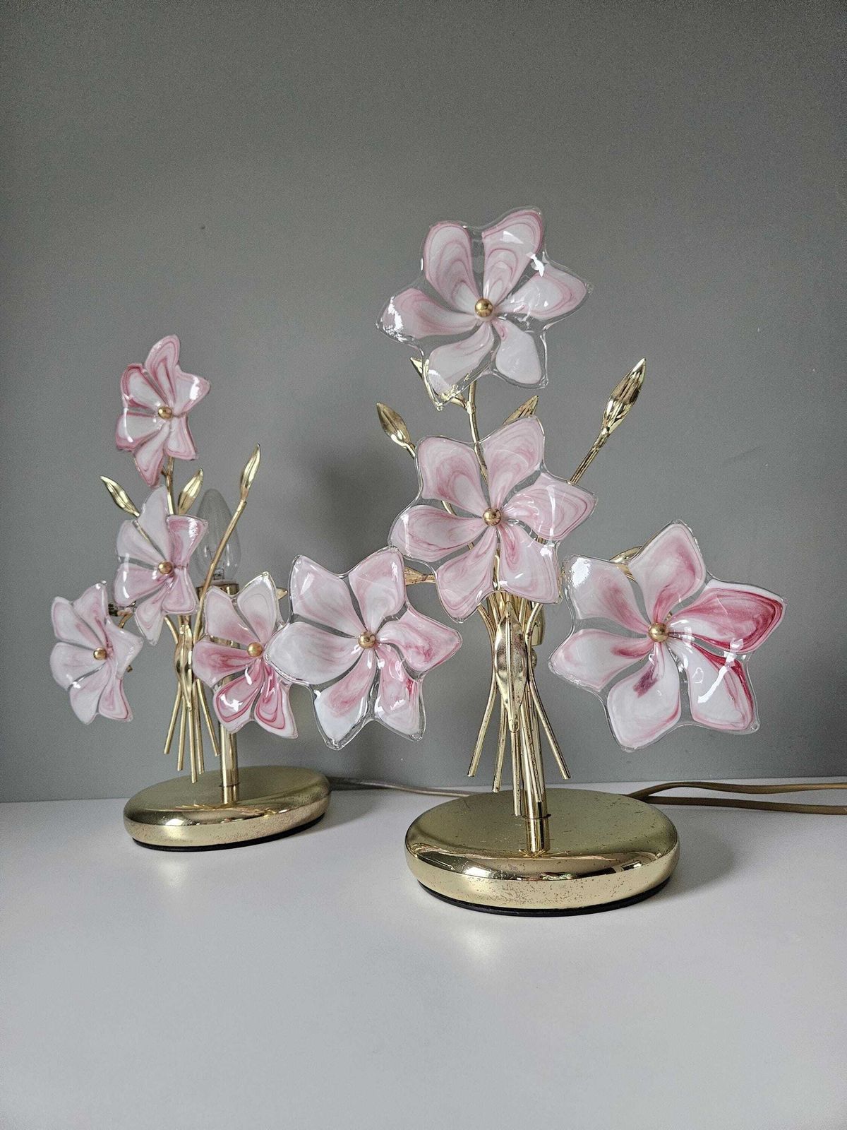 A Set Of 2 / Vintage Murano Glass Table Lamps / Pink Flowers Lamp / Italian Design / Hand Blown Glass