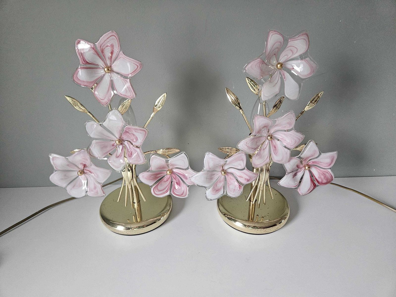 A Set Of 2 / Vintage Murano Glass Table Lamps / Pink Flowers Lamp / Italian Design / Hand Blown Glass photo Lighting