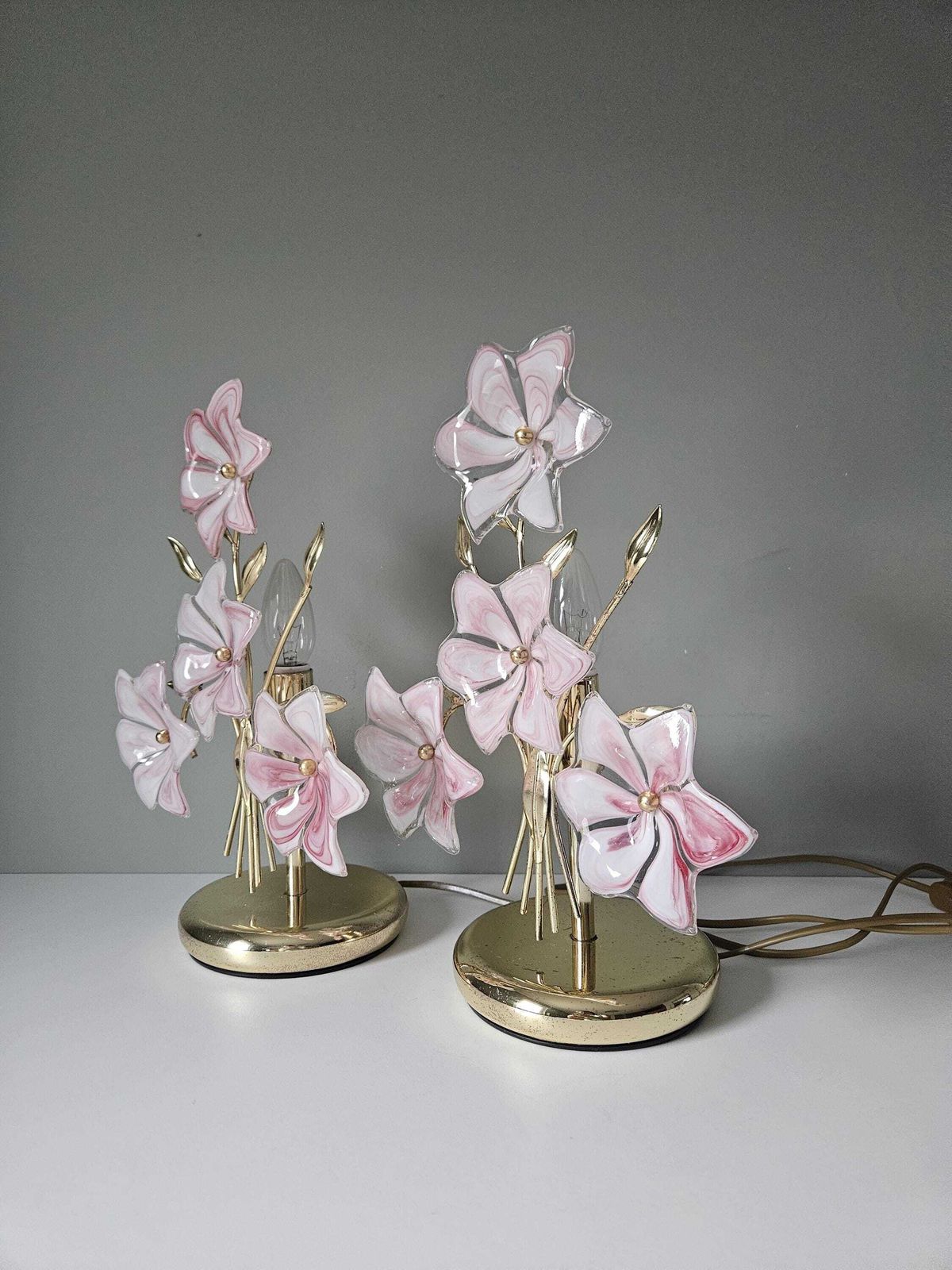 photo vinterior A Set Of 2 / Vintage Murano Glass Table Lamps / Pink Flowers Lamp / Italian Design / Hand Blown Glass