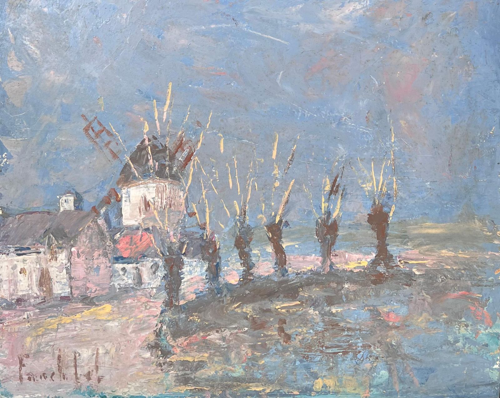 Fanch Lel Spiky Yellow Trees Lining The Town Windmill French Landscape Oil Painting