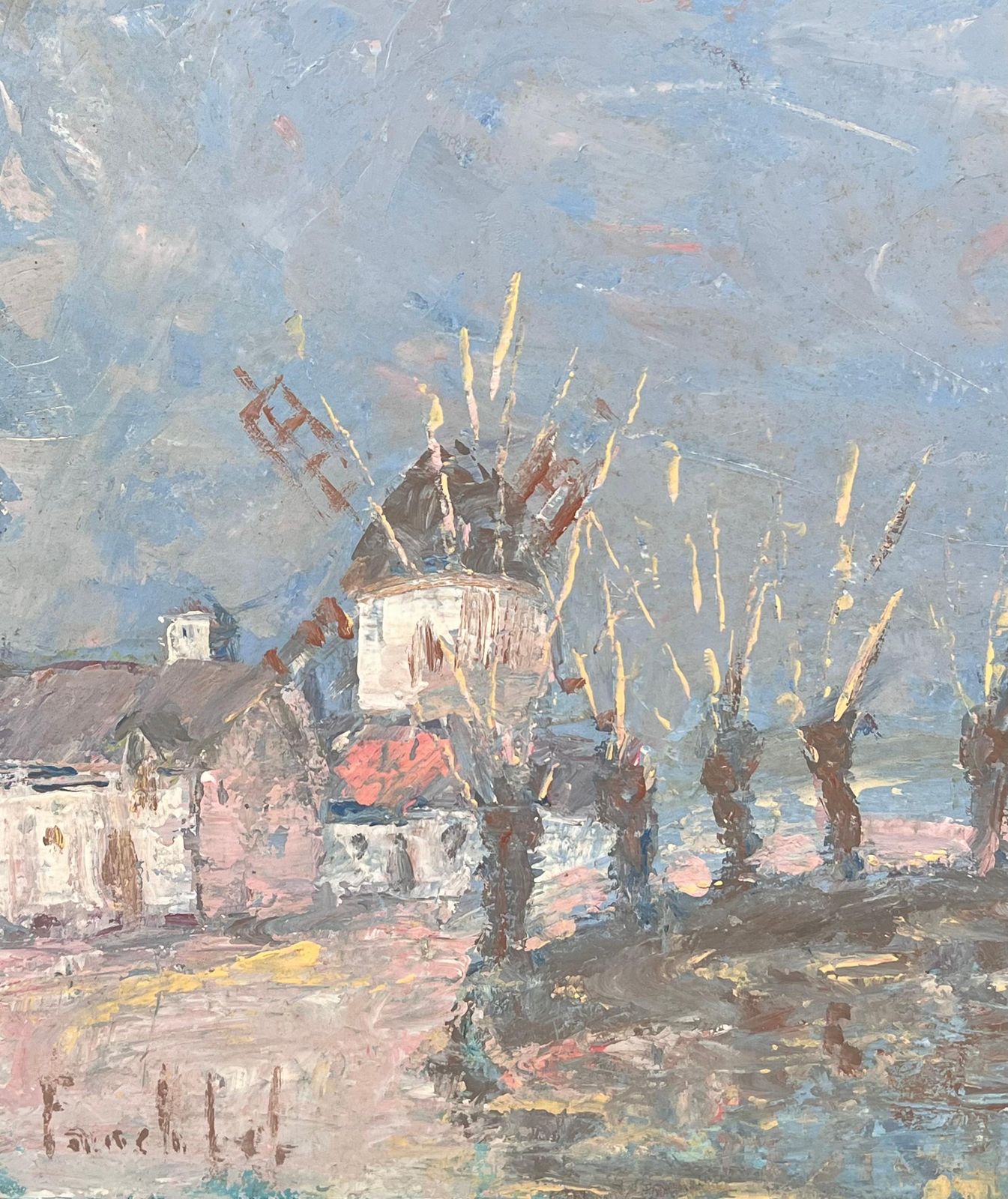 Fanch Lel Spiky Yellow Trees Lining The Town Windmill French Landscape Oil Painting photo for sale