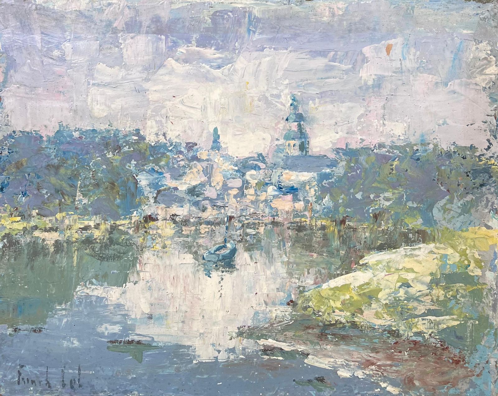 Fanch Lel Boat In Dappled Lake Blurred Town French Landscape Oil Painting photo 520.0