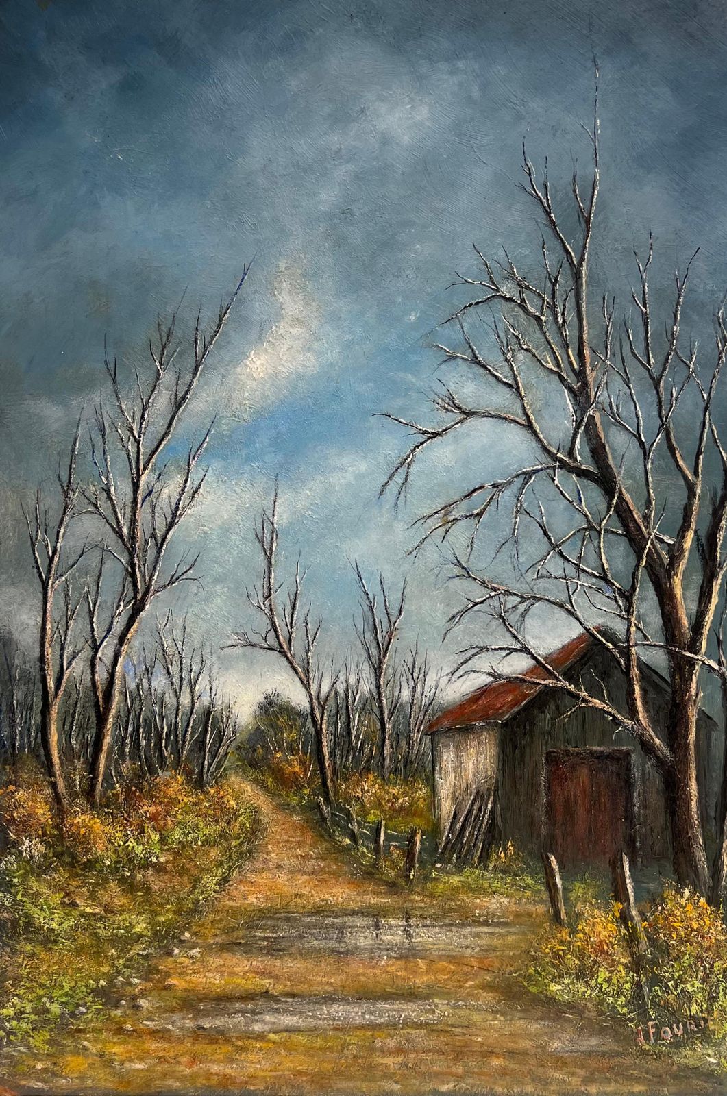 Jean Fourie Country Road With Bare Trees And Winter Barn Landscape Oil Painting photo buy