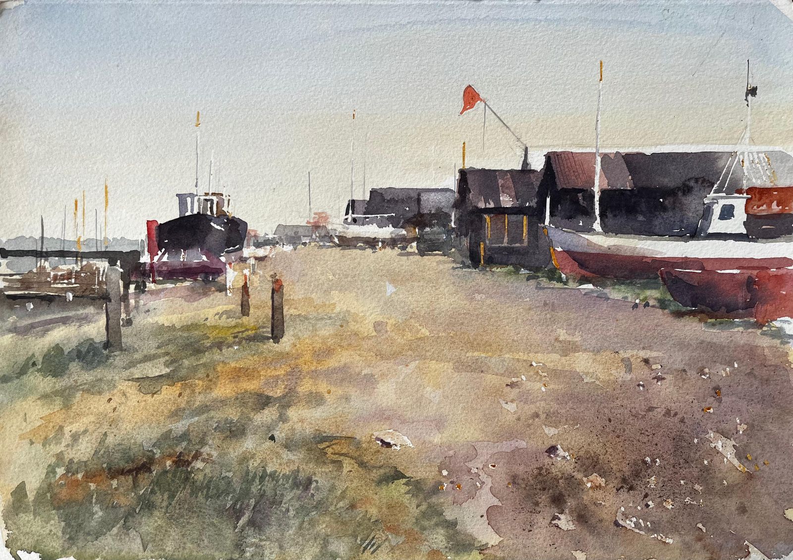 Anthony Herbert Coastal Boatyard With Fishing Huts Beached Boats And Red Flag Watercolour Scene